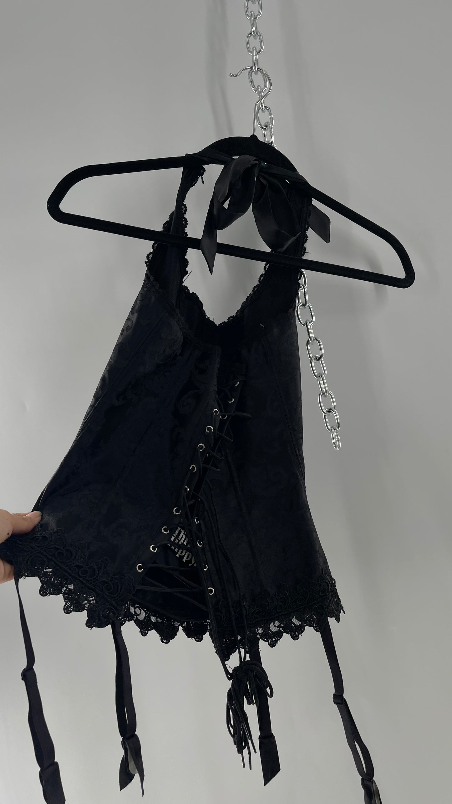 Vintage Fredericks of Hollywood Black Satin Brocade Lace Corset with Lace Tie Halter (32)