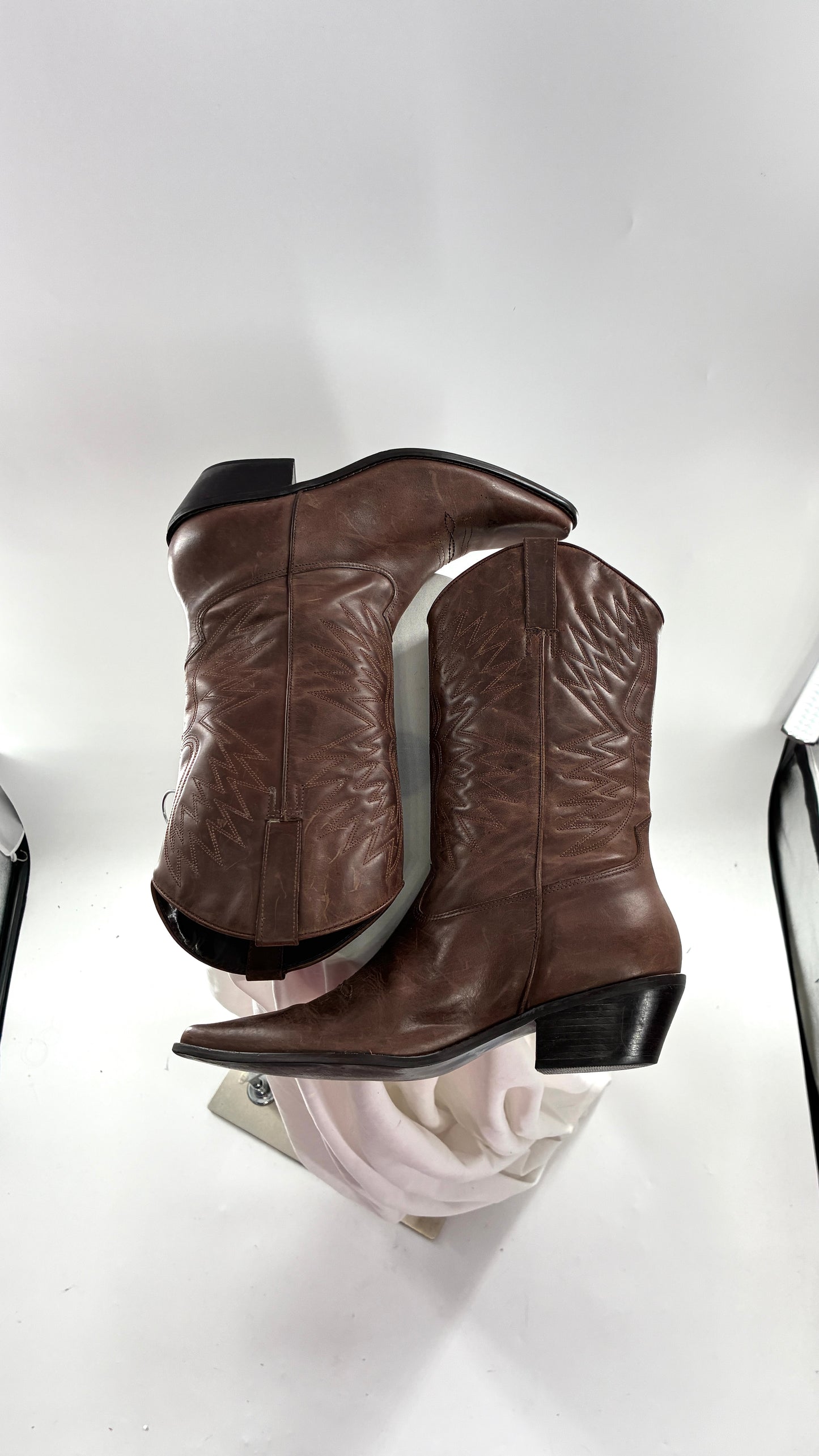 Vintage Genuine Leather Brown Cowboy Boots Made in Brazil (9.5)