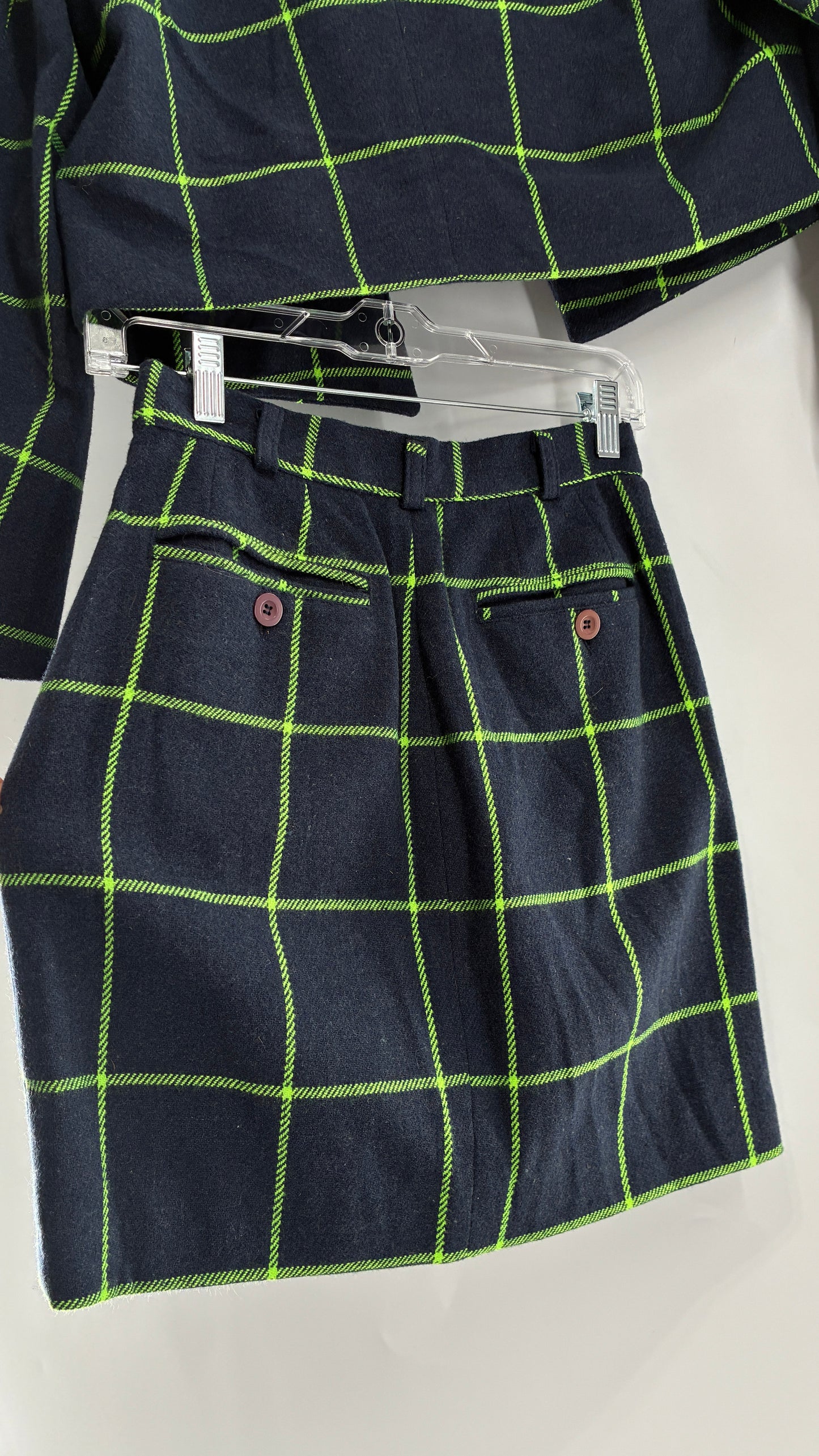 Vintage FIORUCCI GANG Navy and Neon Green Plaid Suit Set with Cropped Blazer and Mini Skirt (40,42)