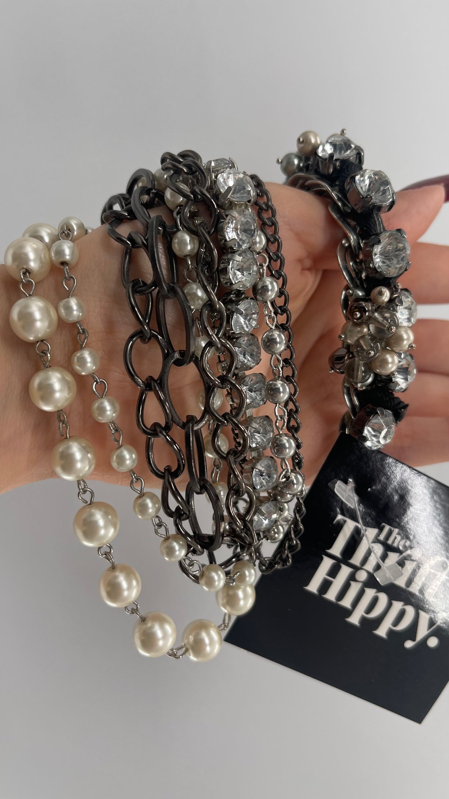 Vintage Heavy Layered Pearl Gunmetal Chain and Oversized Rhinestone 2pc Bracelet Set