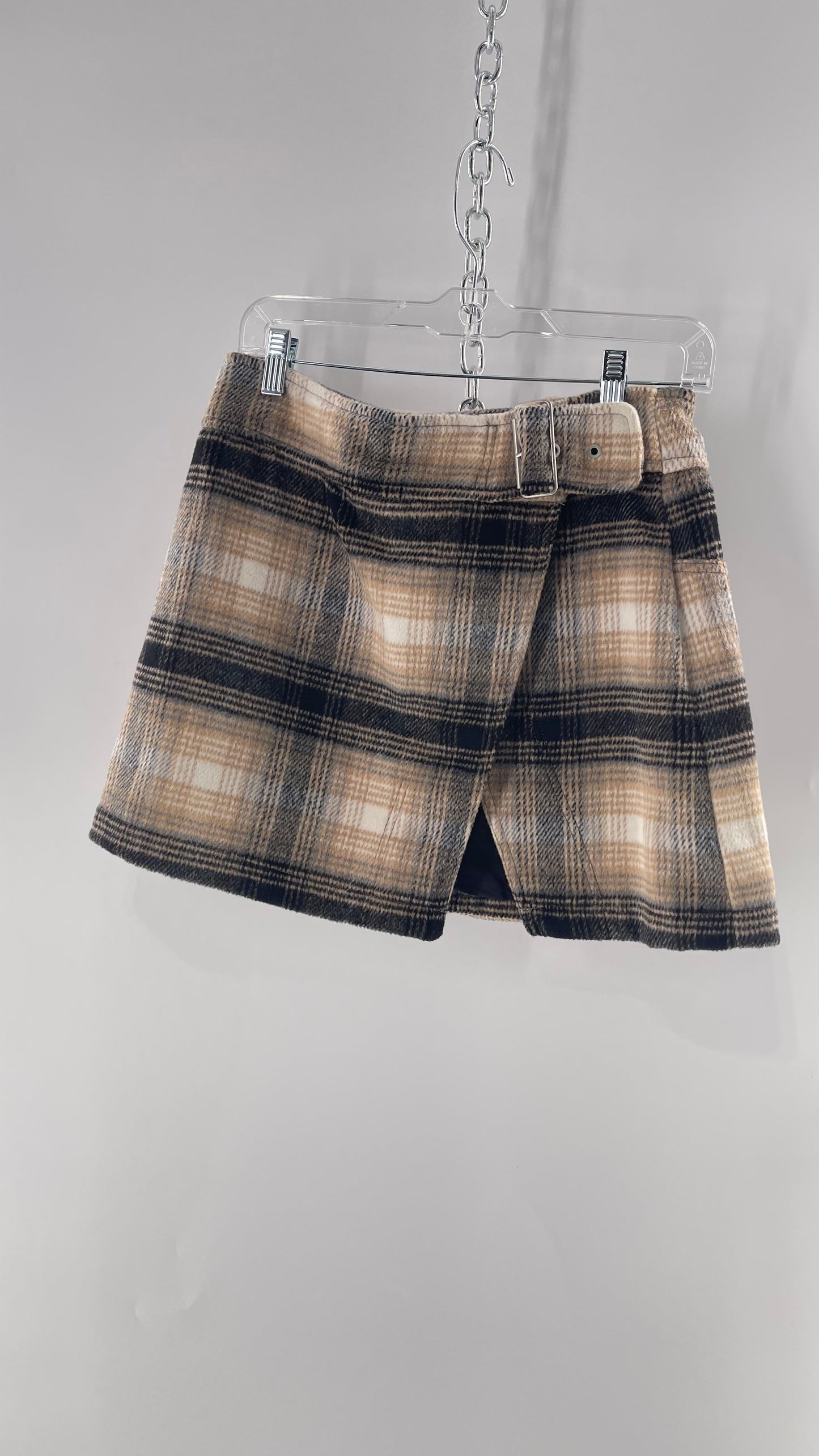 Free People Plaid Beige Gray Soft Mini Skirt with Side Slit and Built in Grommet Belt