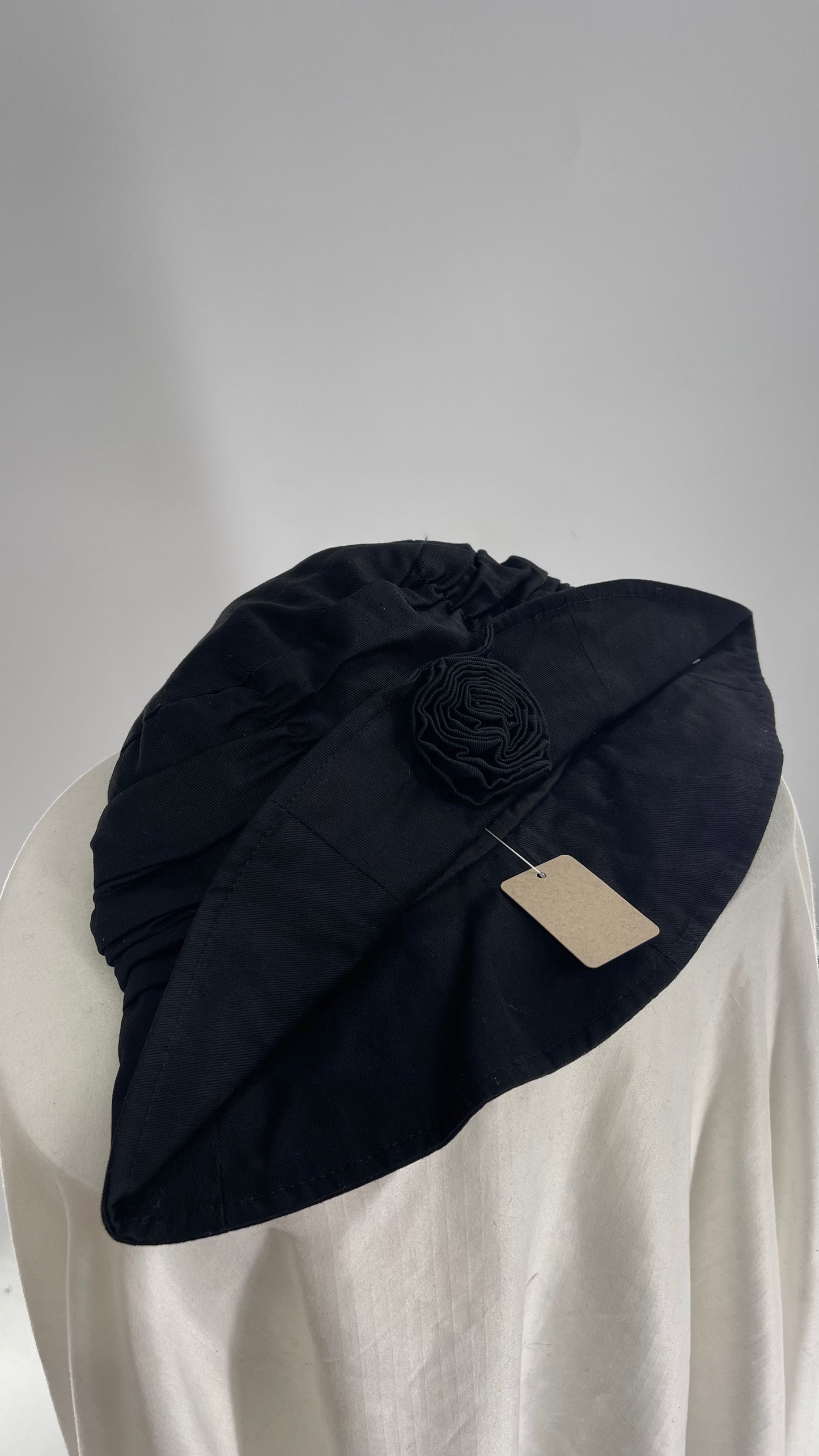 Black Pleated Sunhat with Rosette Detail