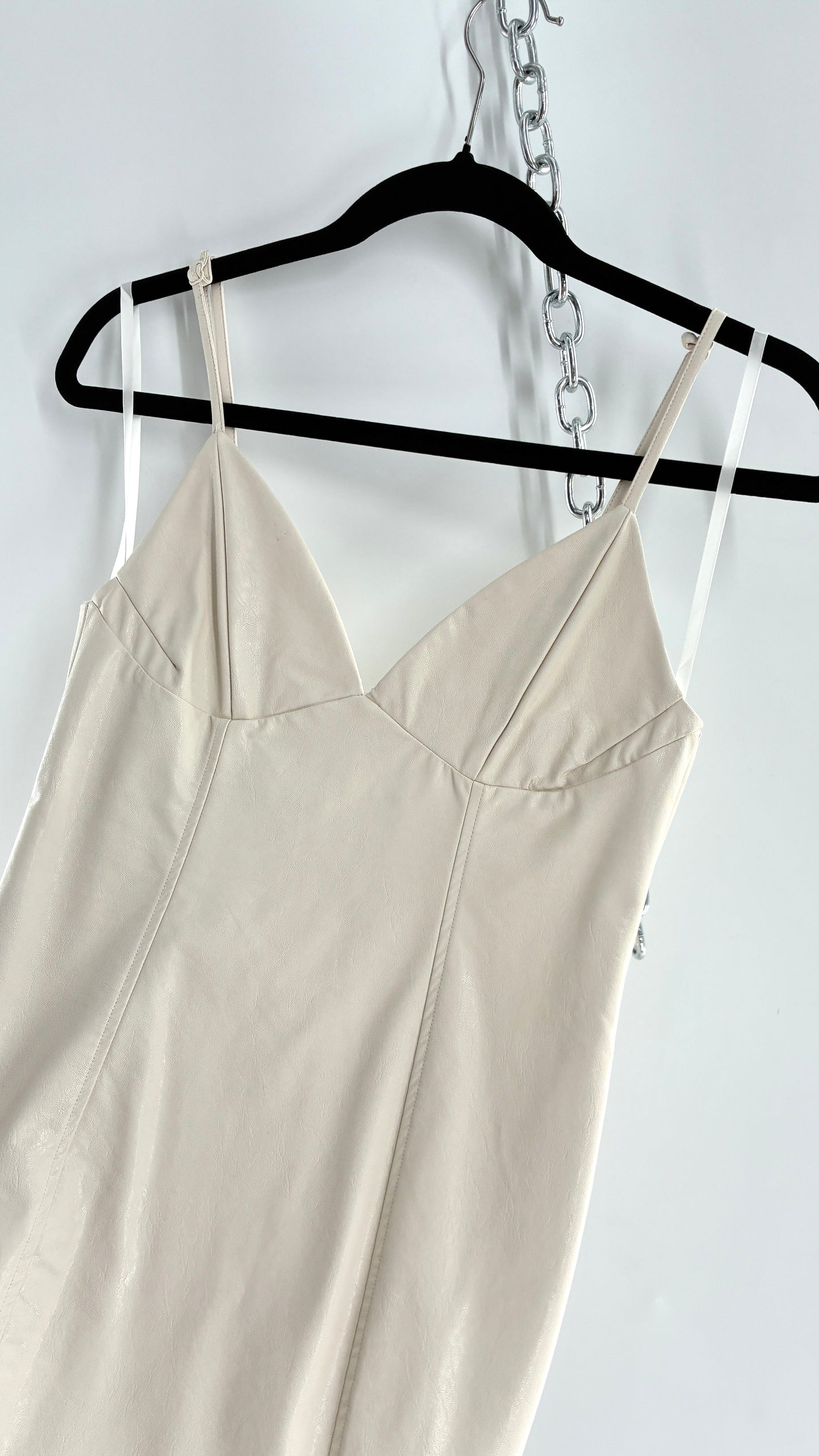 Super Down Vegan White Leather Camisole Mini Dress with Triangle Cups (XS)