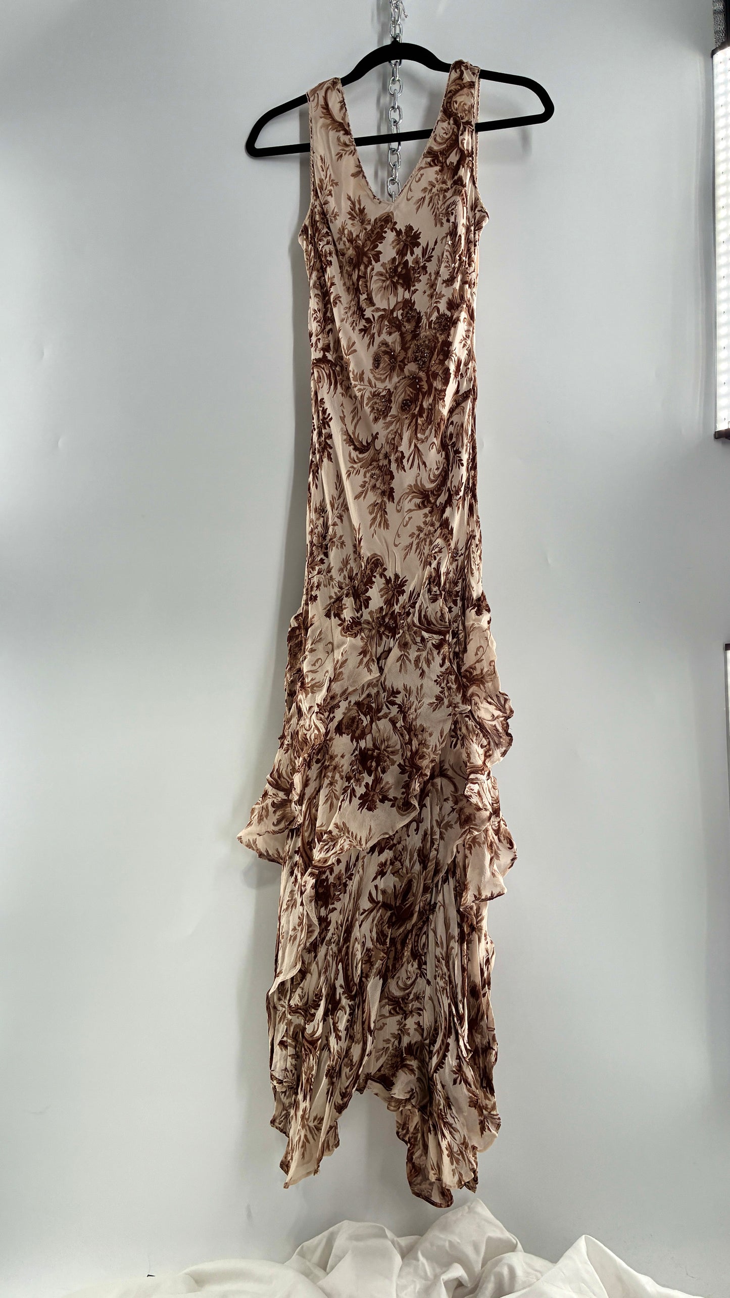 Vintage MAJICK 1990s Brown Floral, Asymmetric Ruffled Hem Gown with Embroidered Sequin Details (Medium)