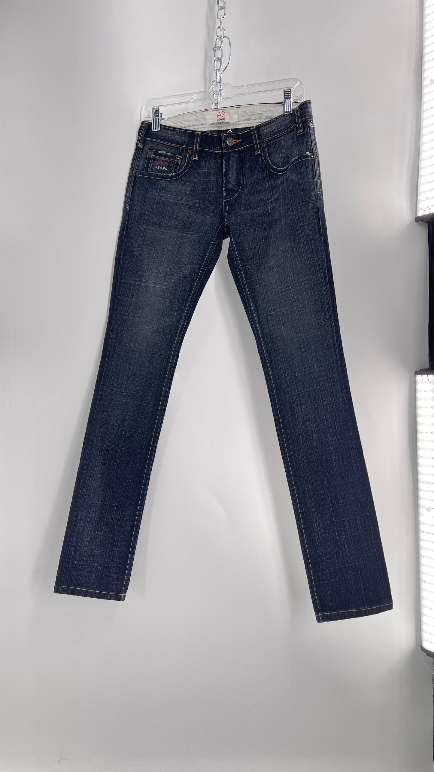 Vintage Smart AS JEANS Dark Wash with Grain and Embroidered/Embellished Kiss Rock Logo (28)