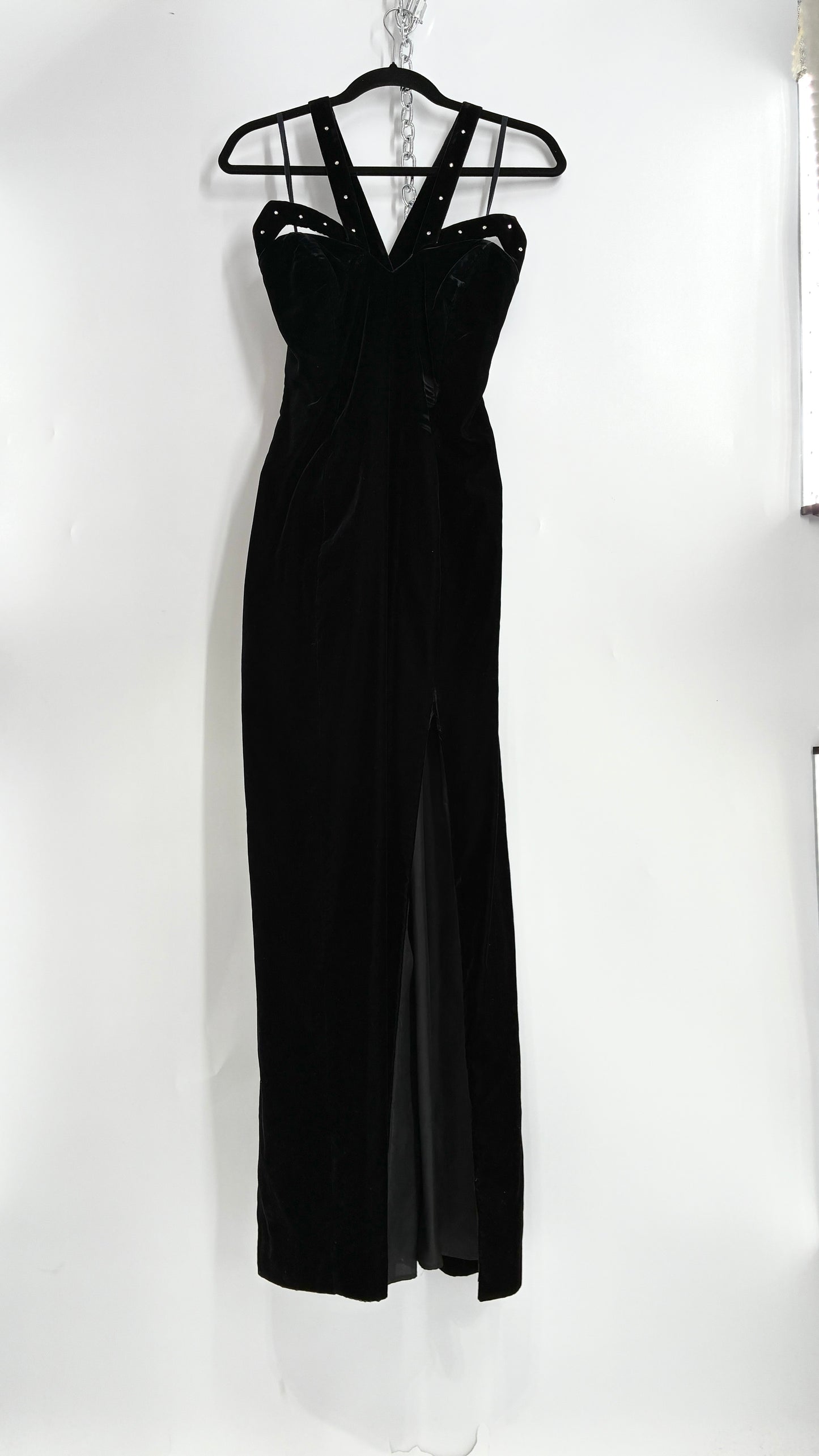 Vintage Handmade Velvet Gown with Pointed Bust Lined in Rhinestones and Dramatic Side Slit (S/M)