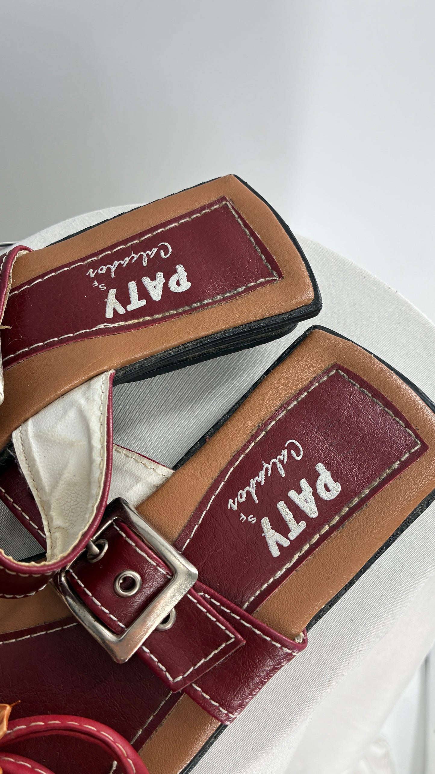 Vintage Burgundy Leather, Square Toe, Made in Brazil Sandals with Metal Buckle Strap (36)