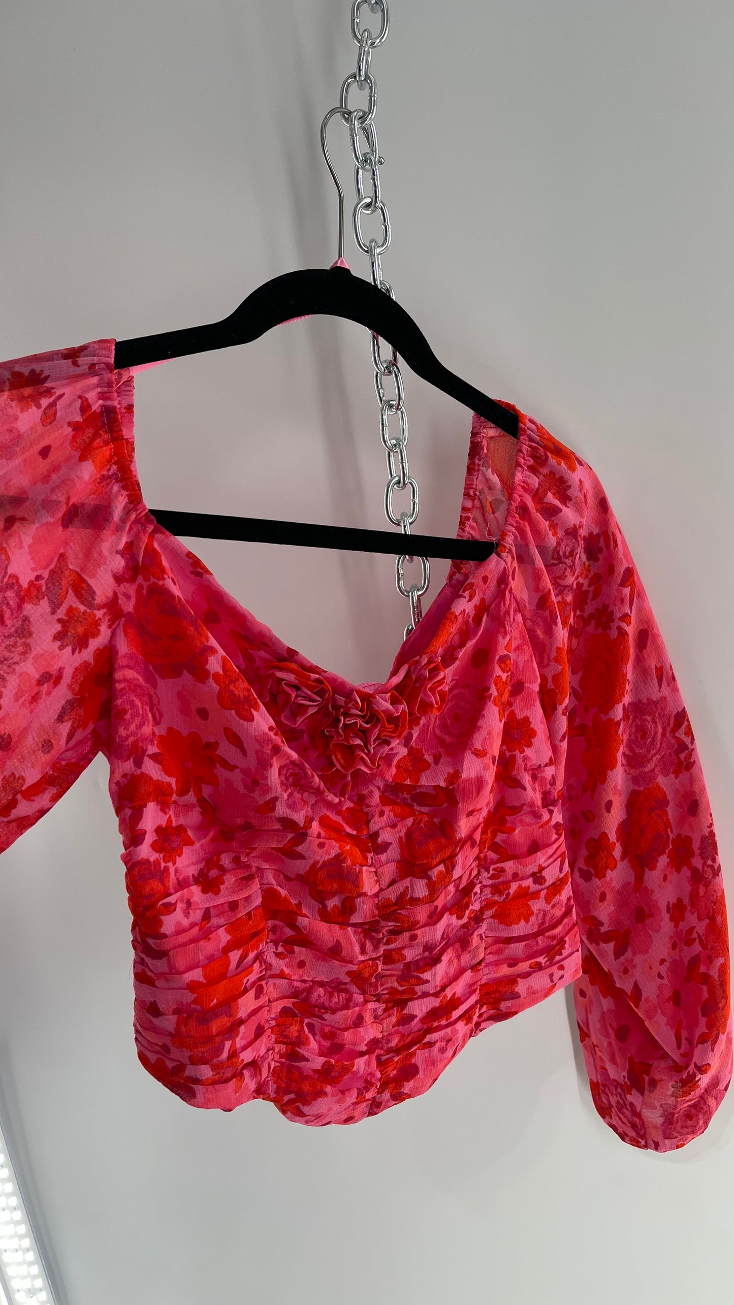 Free People Cropped Floral Blouse with Ruched Body, Balloon Sleeves and Appliqué Rosette Bustline with Tags Attached (Small)