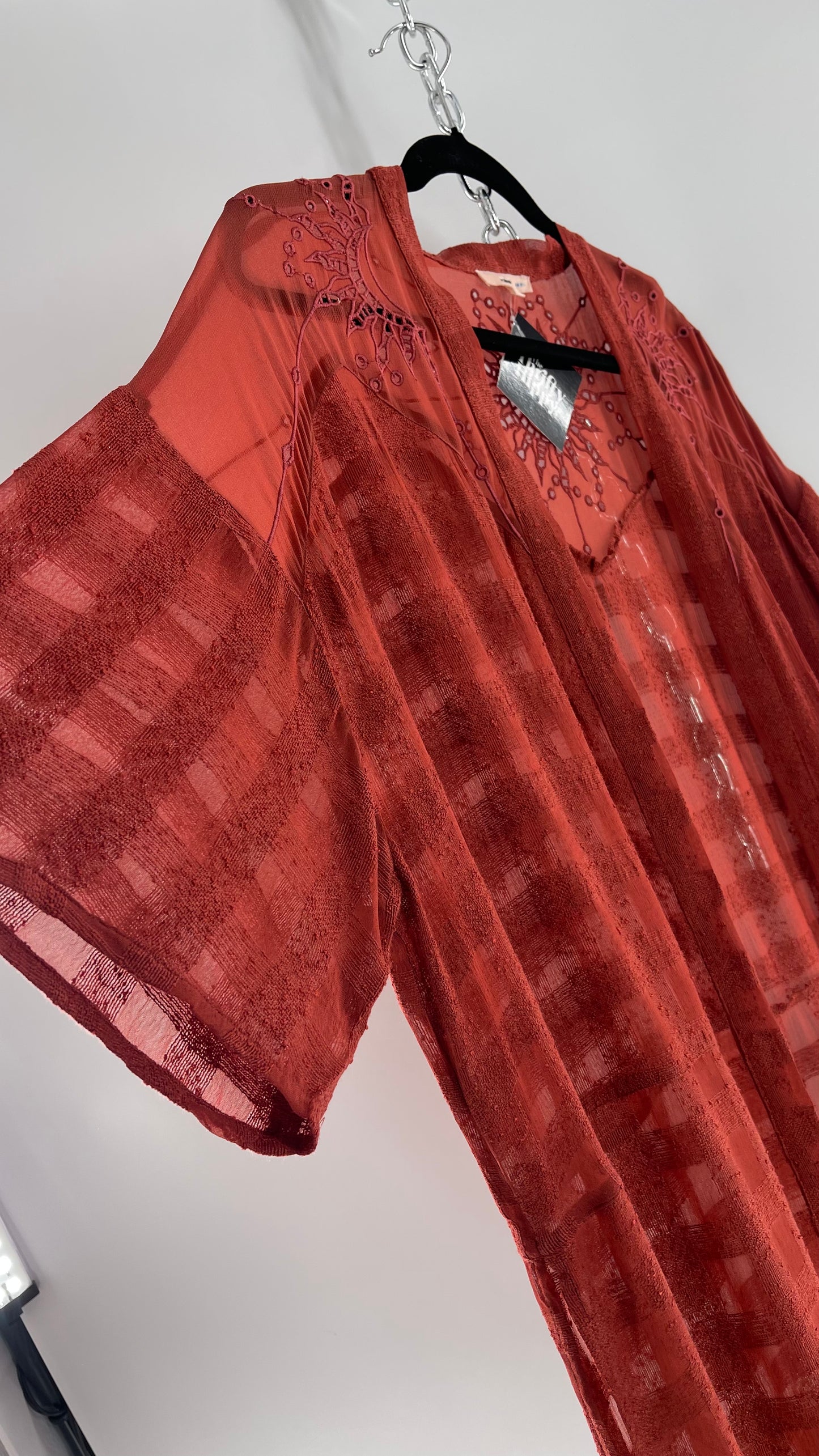 NFO Anthropologie Burnt Orange Cape With Embroidered Solstice Sun and Crescent Moon Designs (One Size)