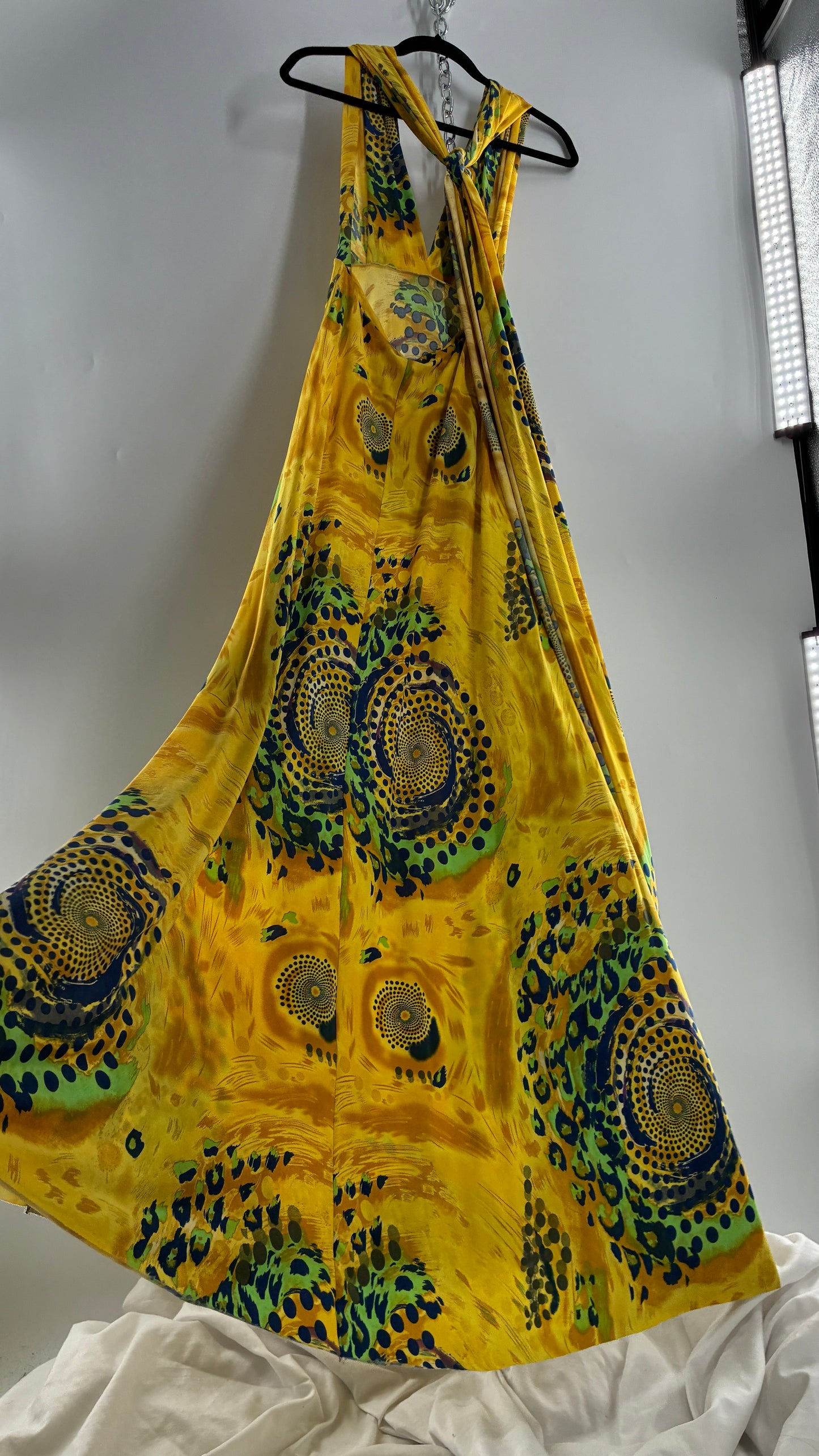 Vintage NARCISA LANG Lycra Full Length, Backless Yellow Dress with Graphic Pattern (XS/S)
