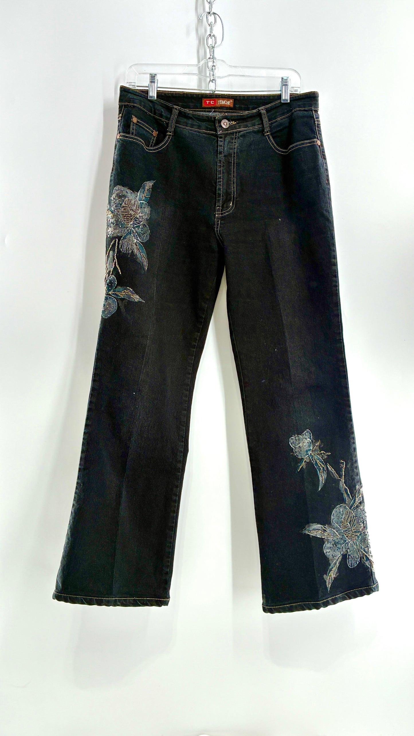 Vintage TEMCHE JEANS Dark Wash Jeans with Painted, Beaded Florals