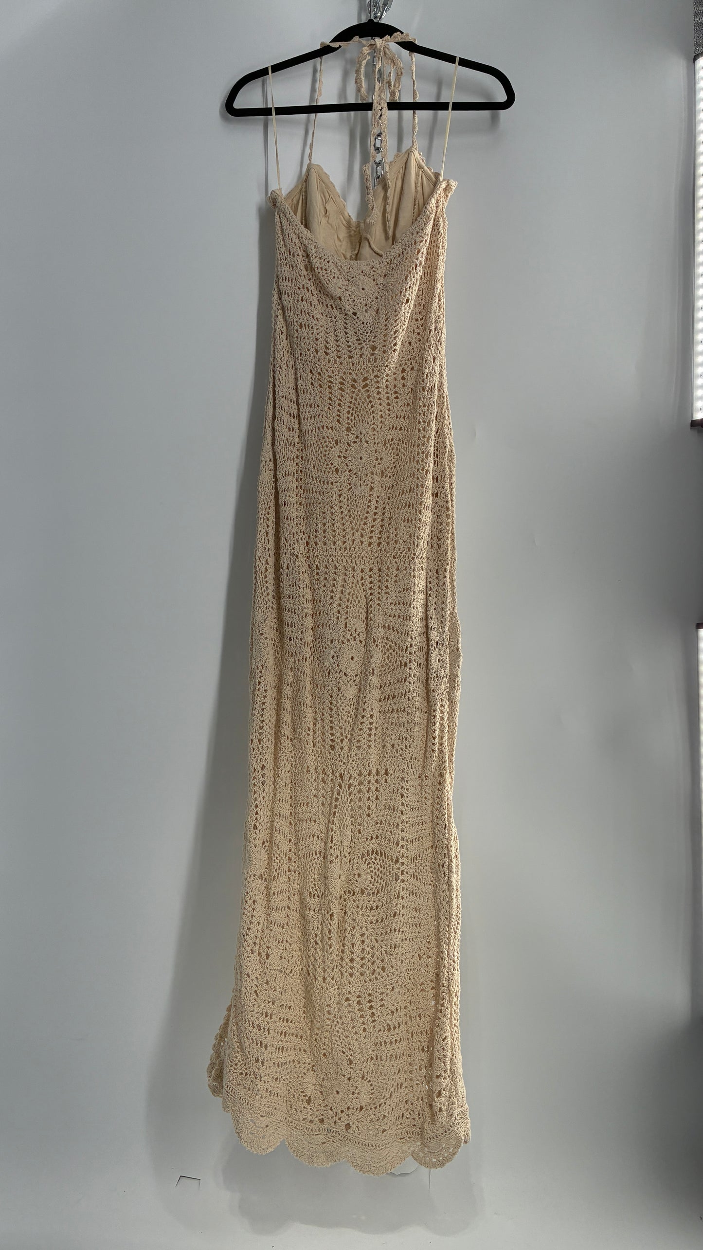 Free People Beige Crochet Knit Máxi Dress (Large)