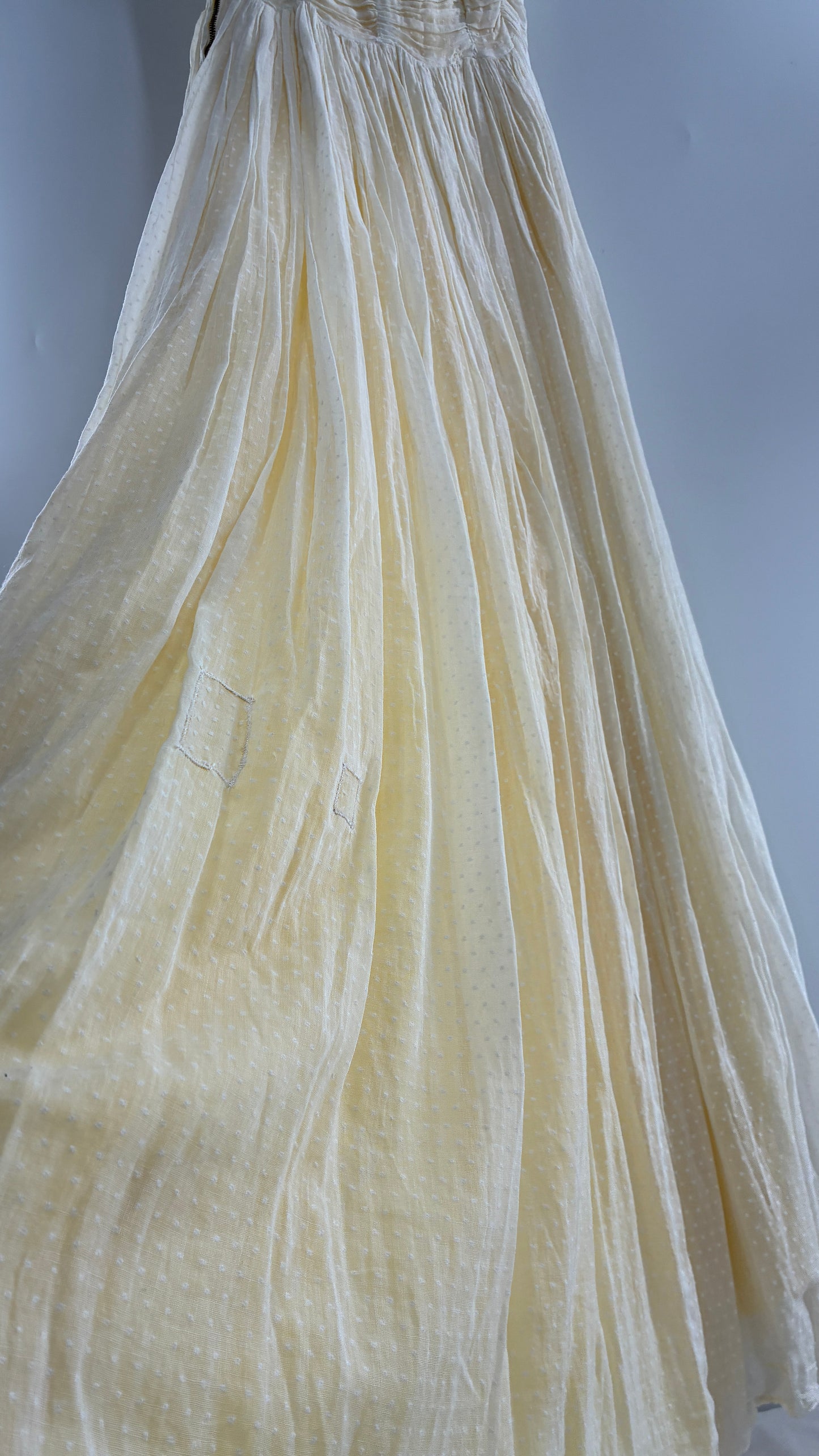 Vintage 1970s Off White Cotton Handmade Maxi Dress with Ruched Bodice, Puff Sleeves, and Polka Dot Texture (XS/S)