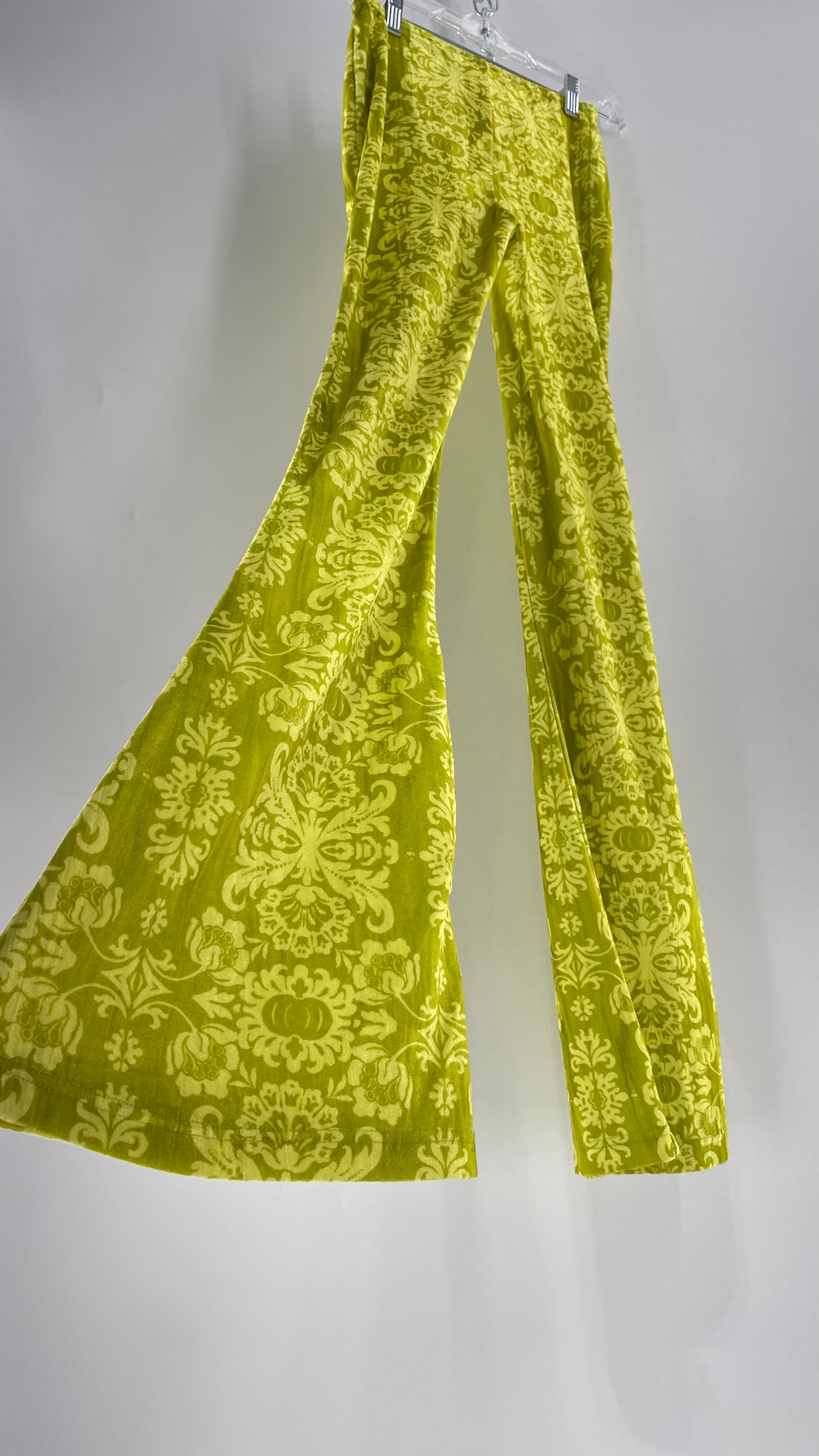 Urban Outfitters Chartreuse Green/Yellow Velvet Lace Patterned Flares with Scrunch Front  (XS)