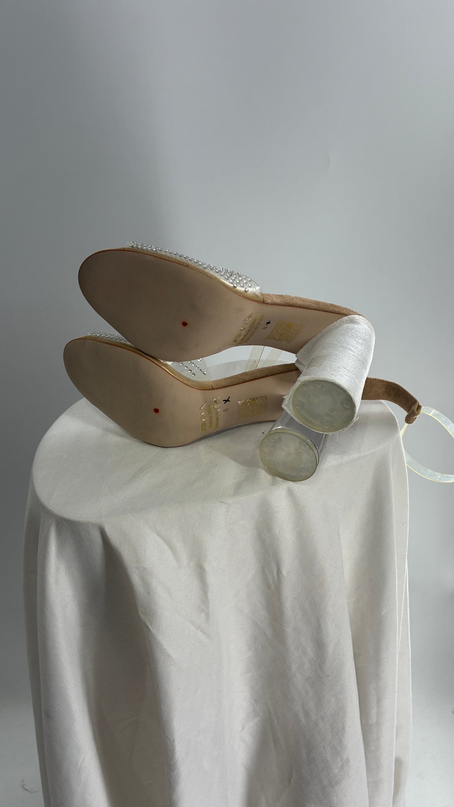 JEFFREY CAMPBELL Lucite Heel Suede Sole, Clear Strap Rhinestone Heel (8)
