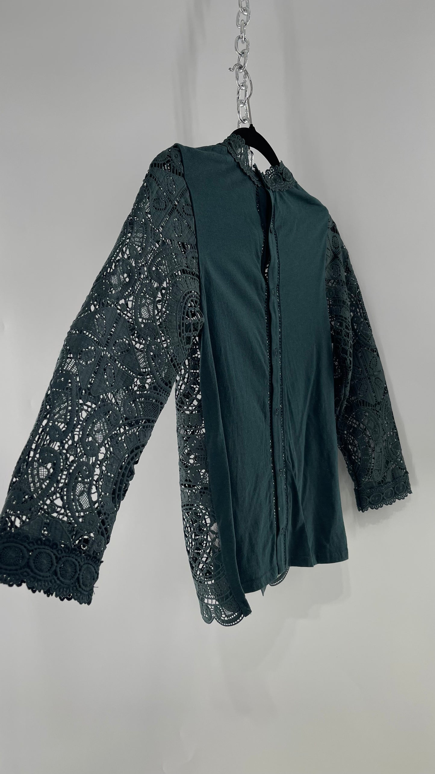 James Coviello New York Thick Lace Forest Green Blouse with Button Down Back (XS)