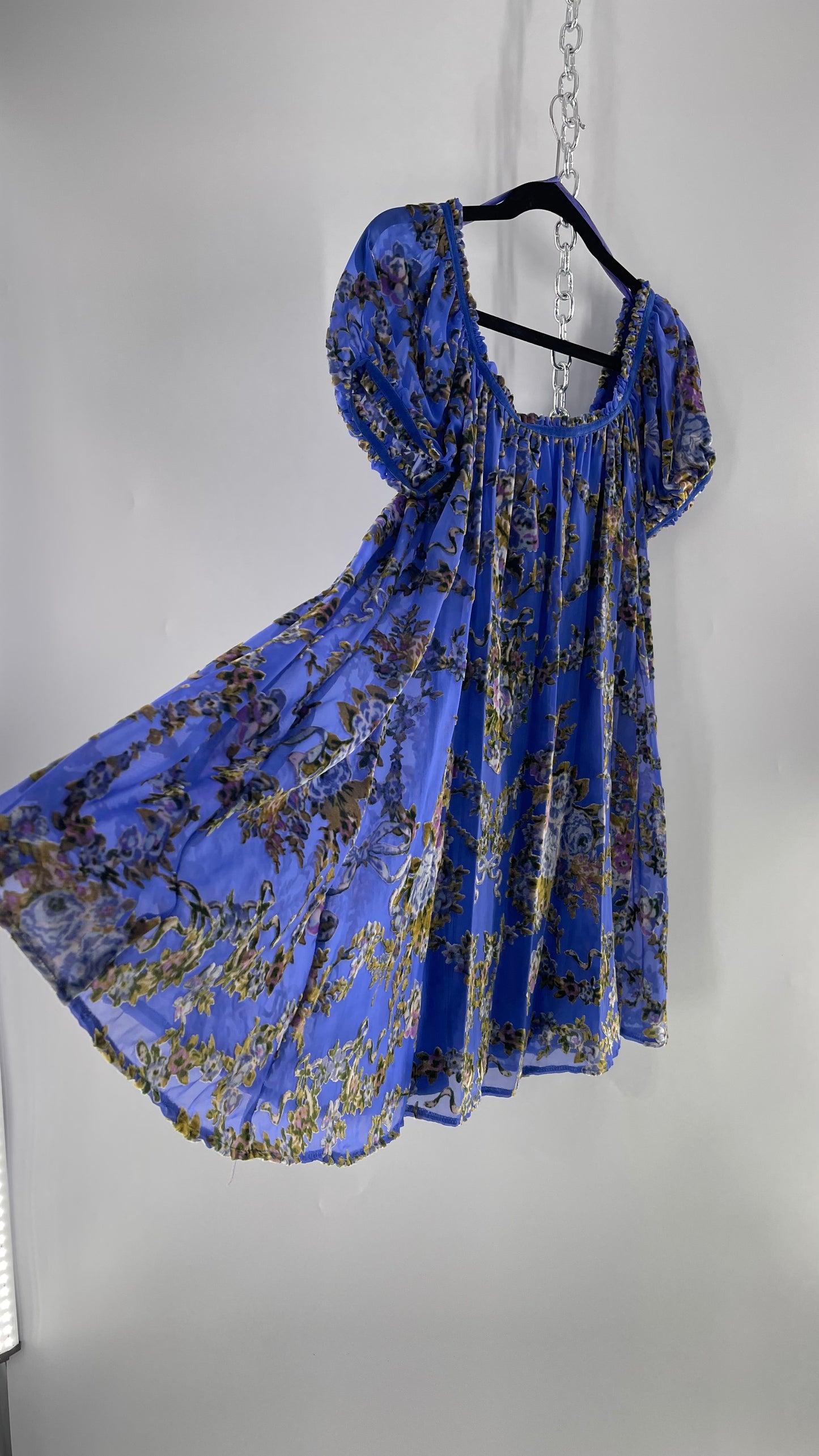 Free People Royal Blue Velvet Floral Babydoll Dress (Small)