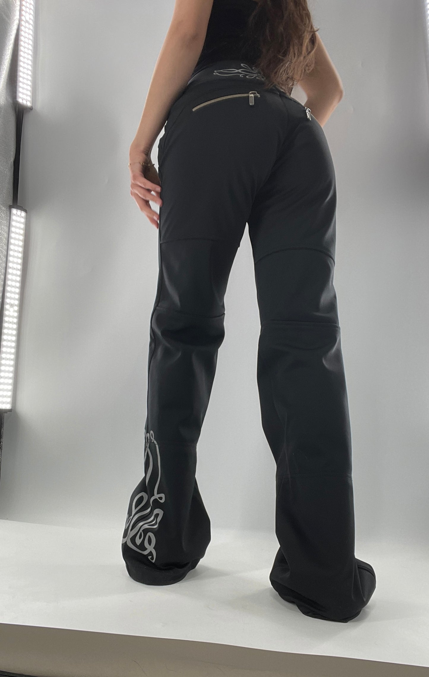 Vintage Athleta Flare 100% Nylon Thick Stretchy Black Pants with Side Clasps, Low Rise, Graphic on Back and Side of Leg (4)