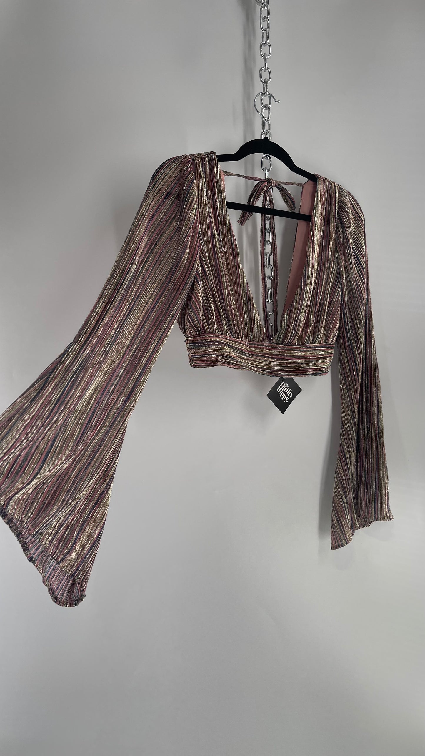 House of Harlow Metallic Striped Crop with Open Back and Bell Sleeves (Small)