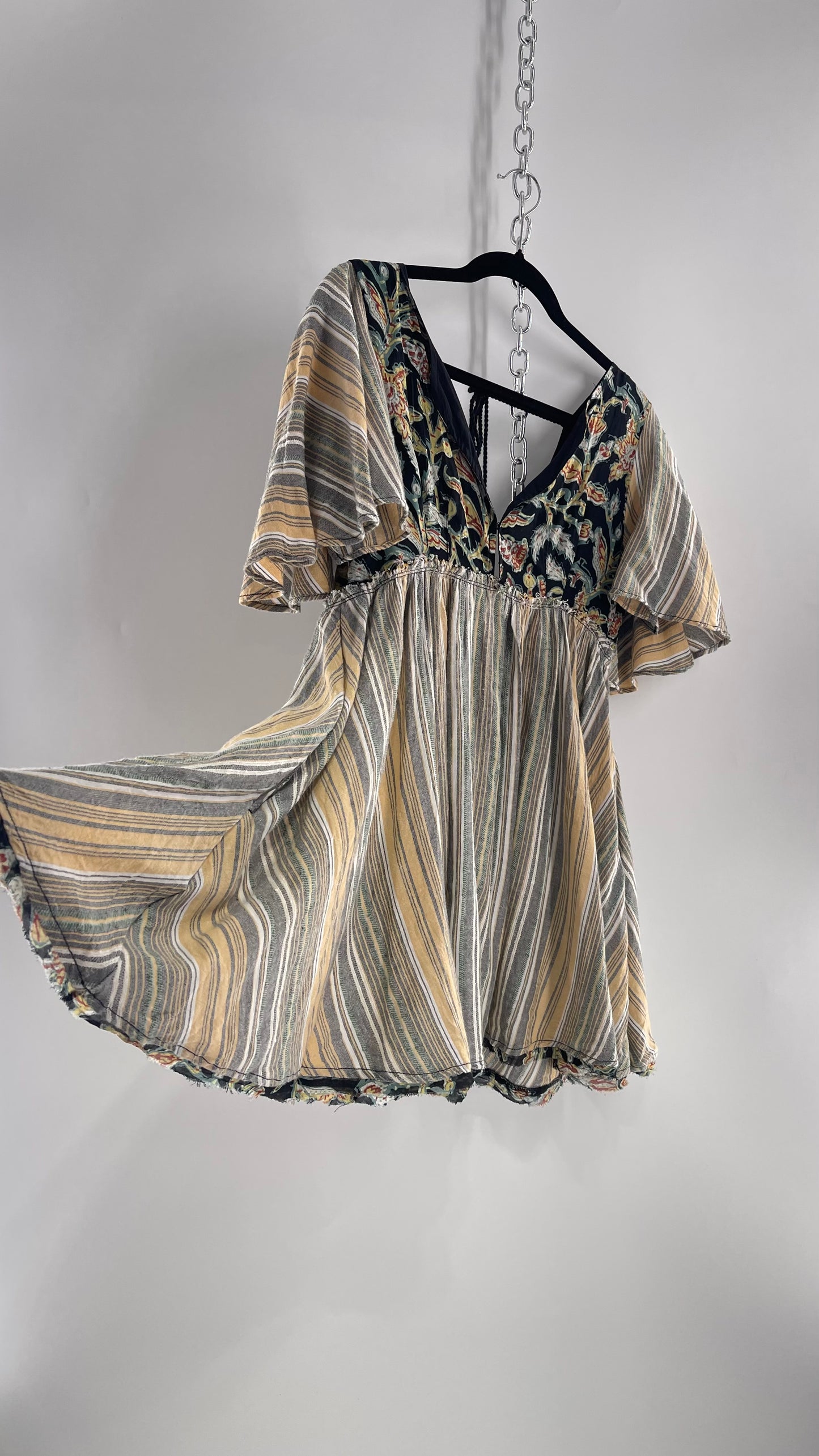 Free People Dual Fabric Floral/Woven Boho Babydoll Mini Dress (XS)
