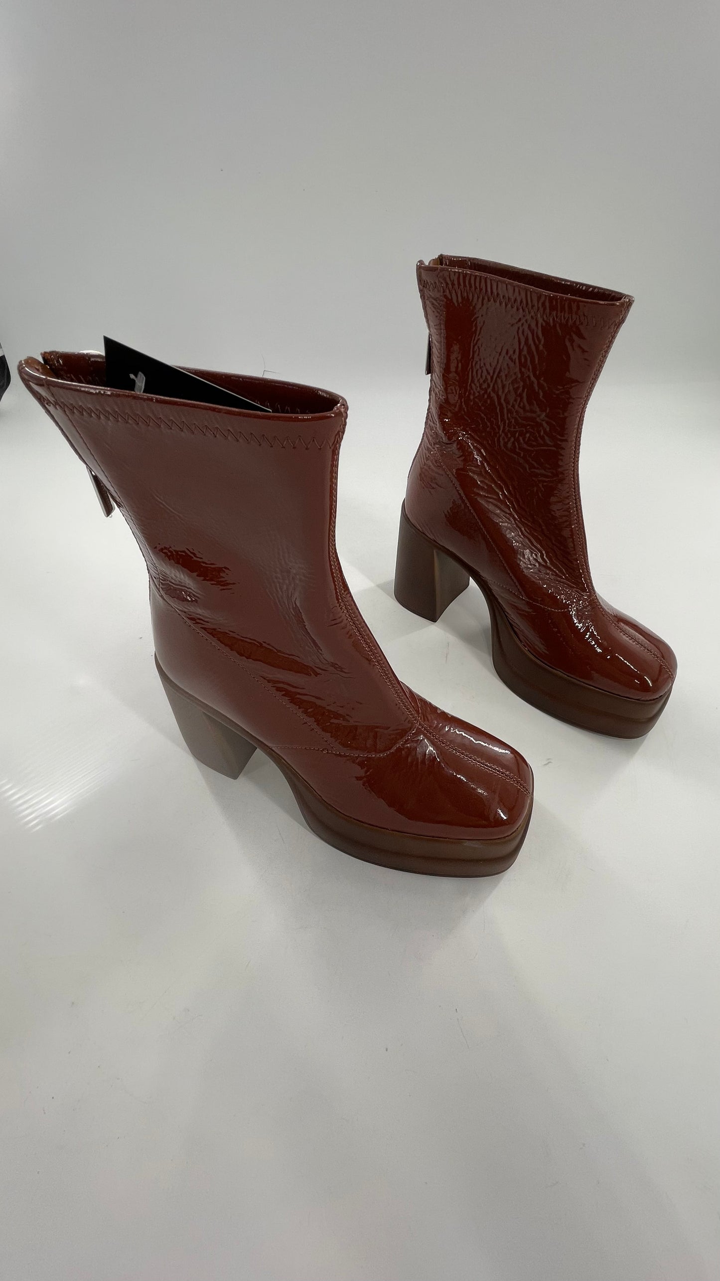 Free People Double StackedGlossy Patent Chestnut Brown Platform Boots with Chunky Heels (37.5)