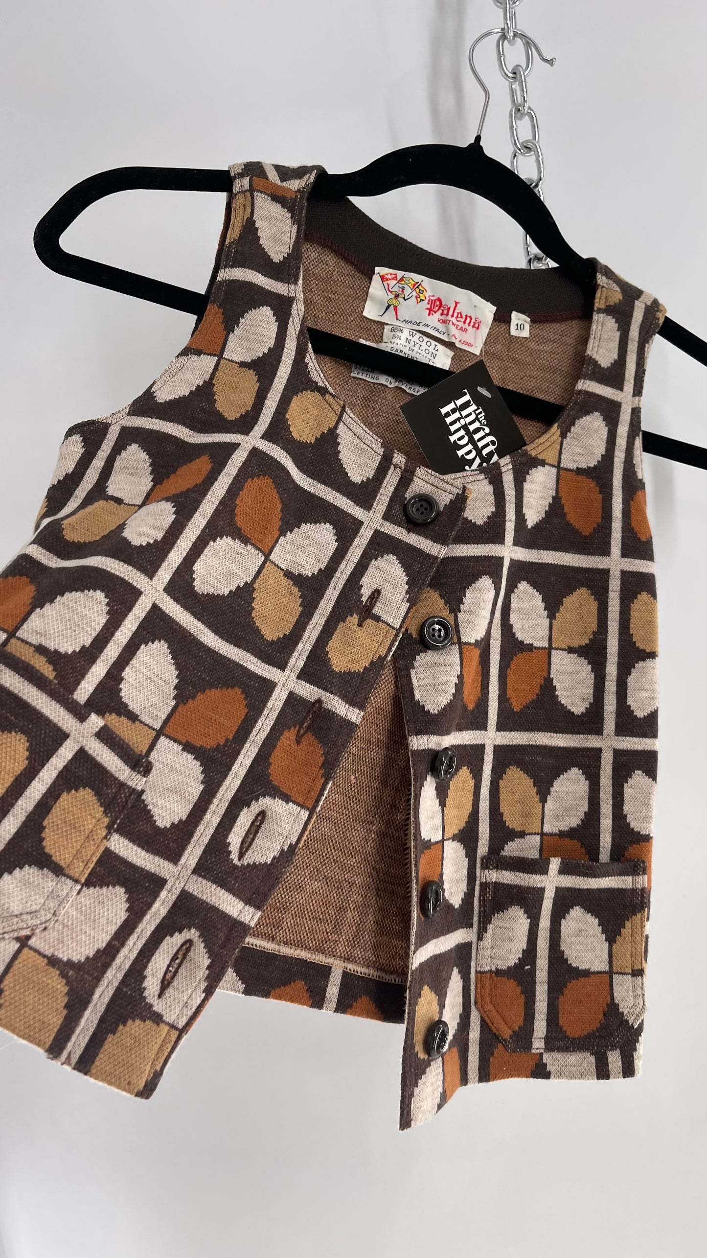 Vintage 1970s Palena Knitwear Brown, 95% Wool Cropped Button Front Pocketed Vest Top (Small)