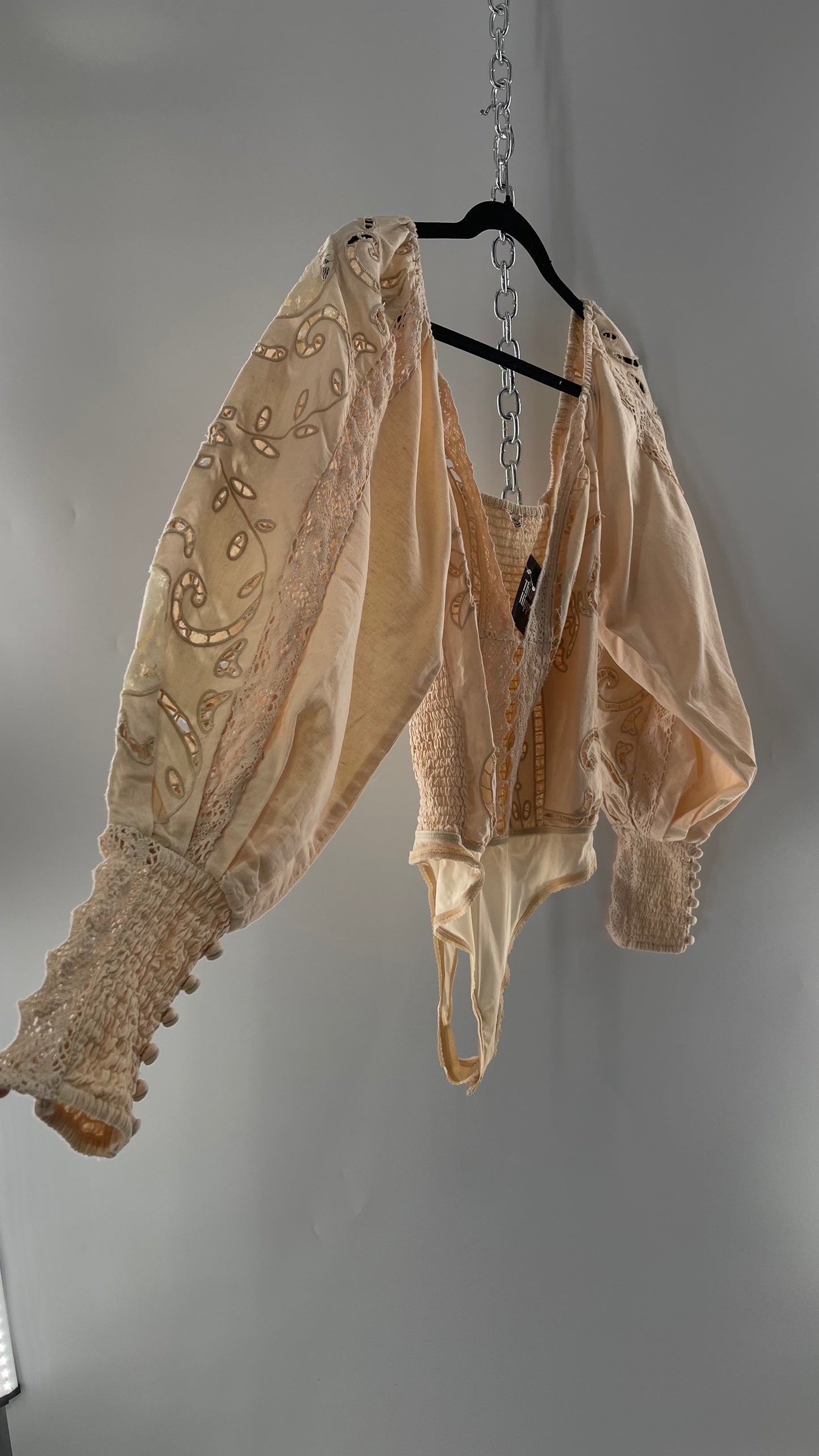 Free People Off White Cotton Bodysuit with Embroidered Lace Balloon Bishop Sleeve and Smocked, Buttoned Cuffs (Large)