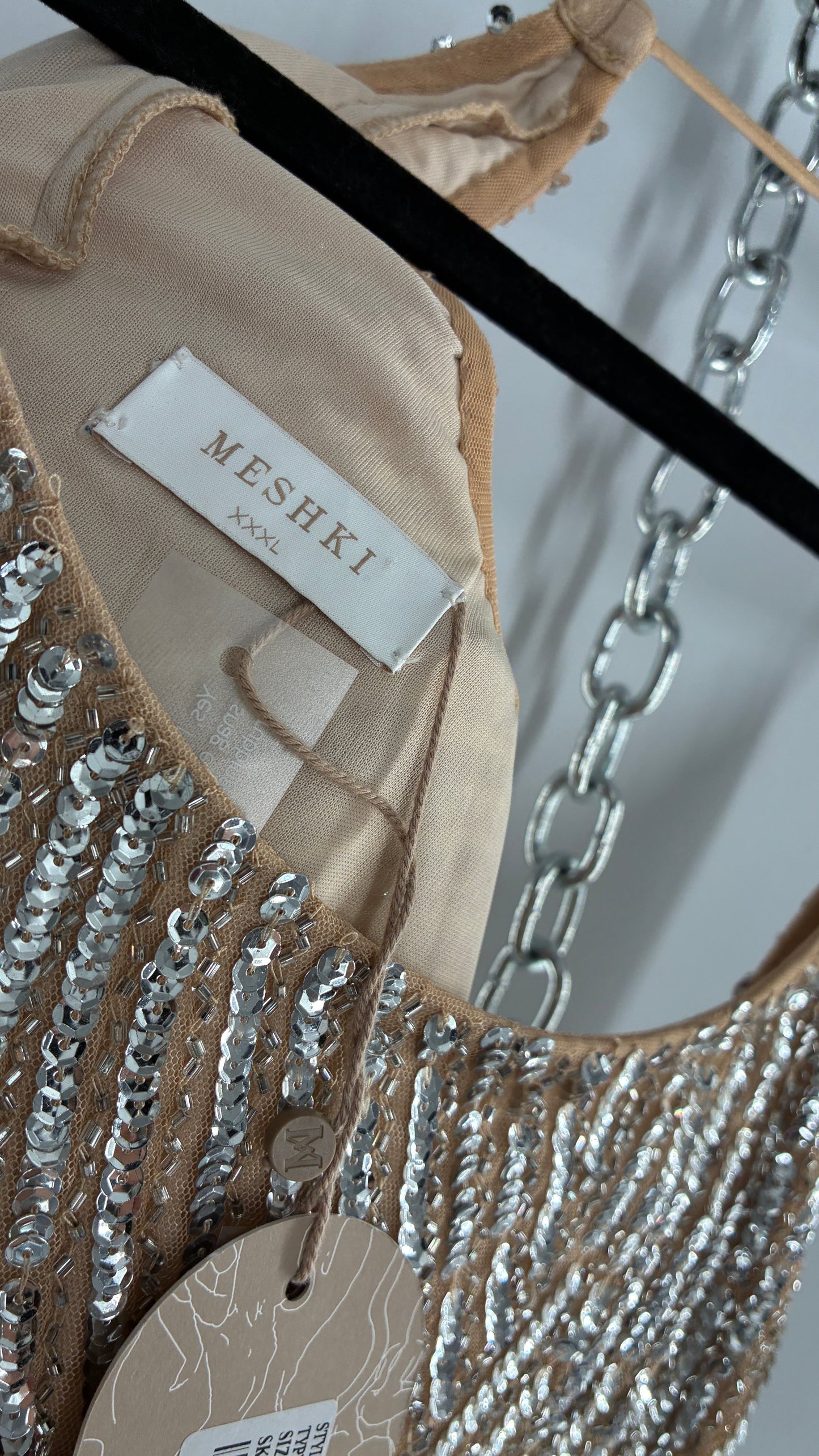 MESHKI Tierra Nude Full Length Dress with Silver Sequins with Tags Attached (XXXL)