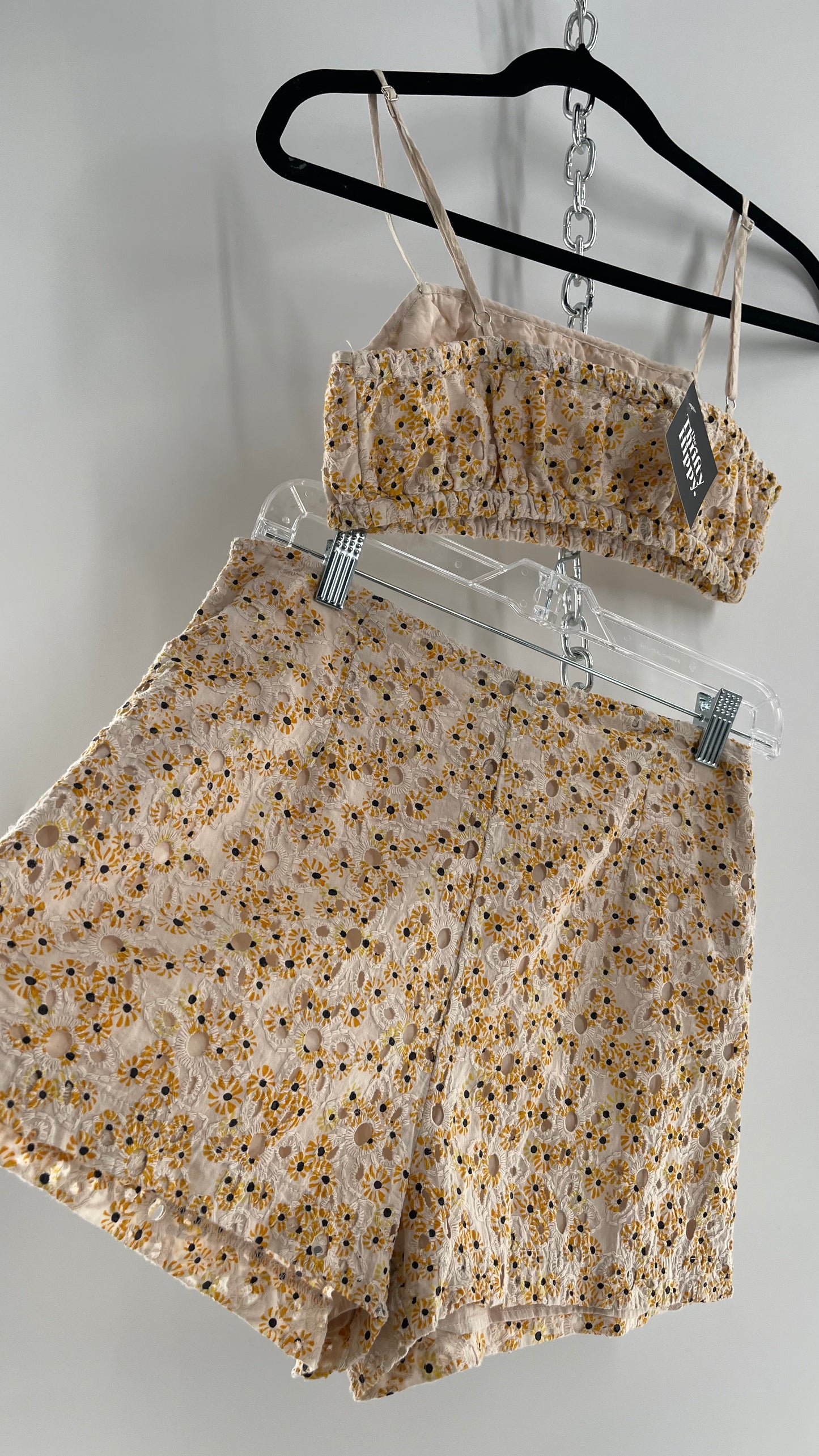 Urban Outfitters Eyelet Lace Daisy Print 2pc Shorts and Bustier Tank Set (Small Top Medium Bottoms)