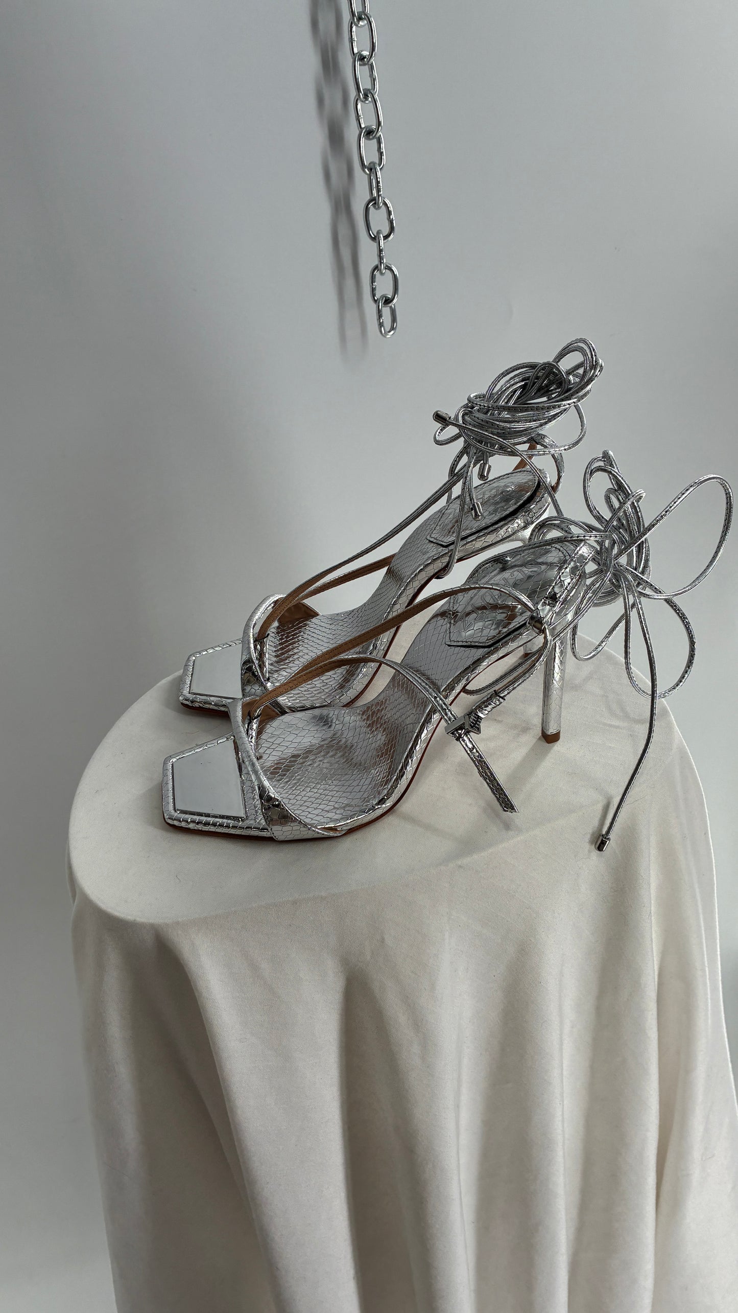 SCHÜTZ Silver Angular Tie Up Heels with Mirror Toe Detail (7)