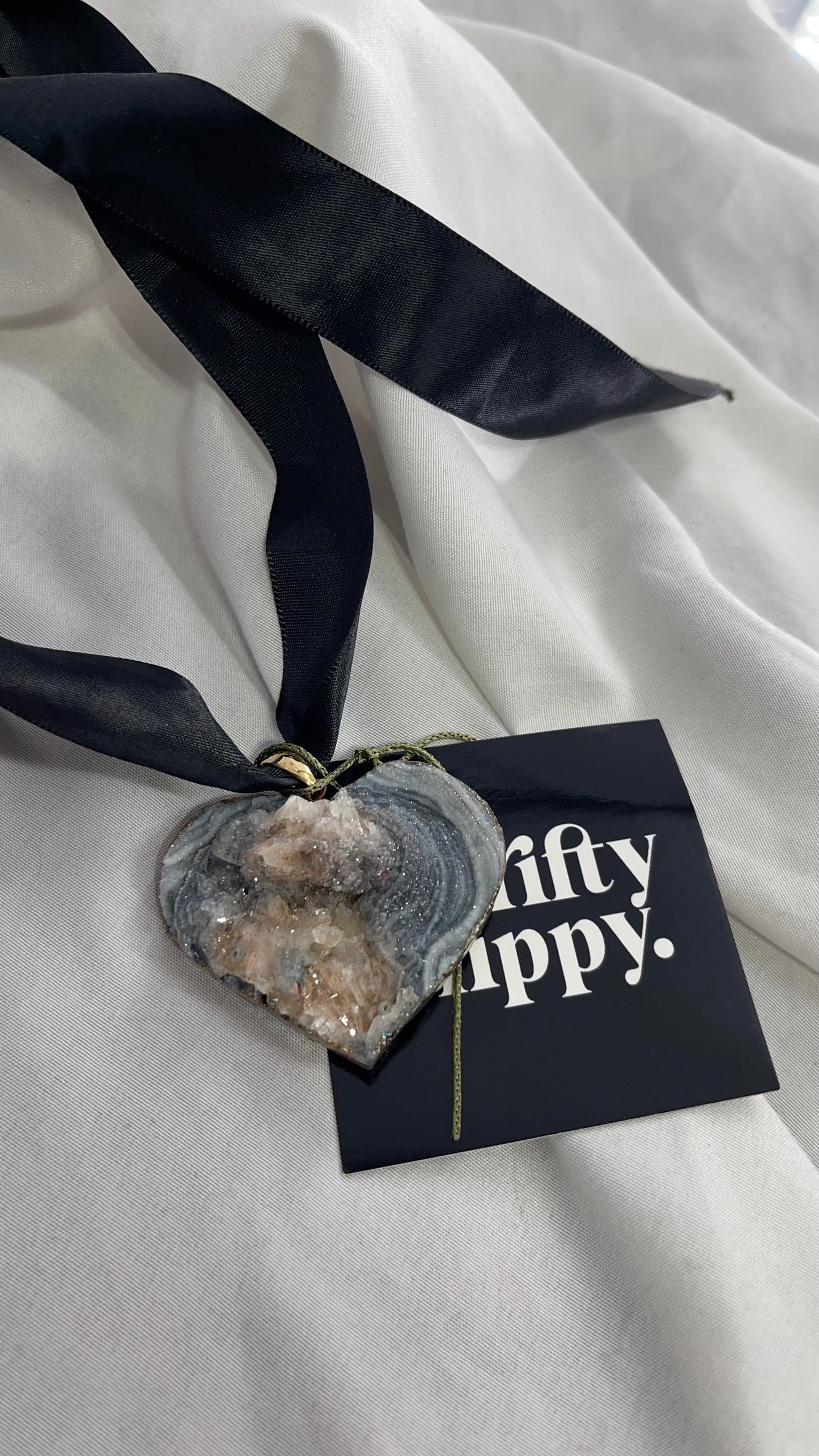 Vintage Geode Heart Stone Pendant Necklace with Black Ribbon