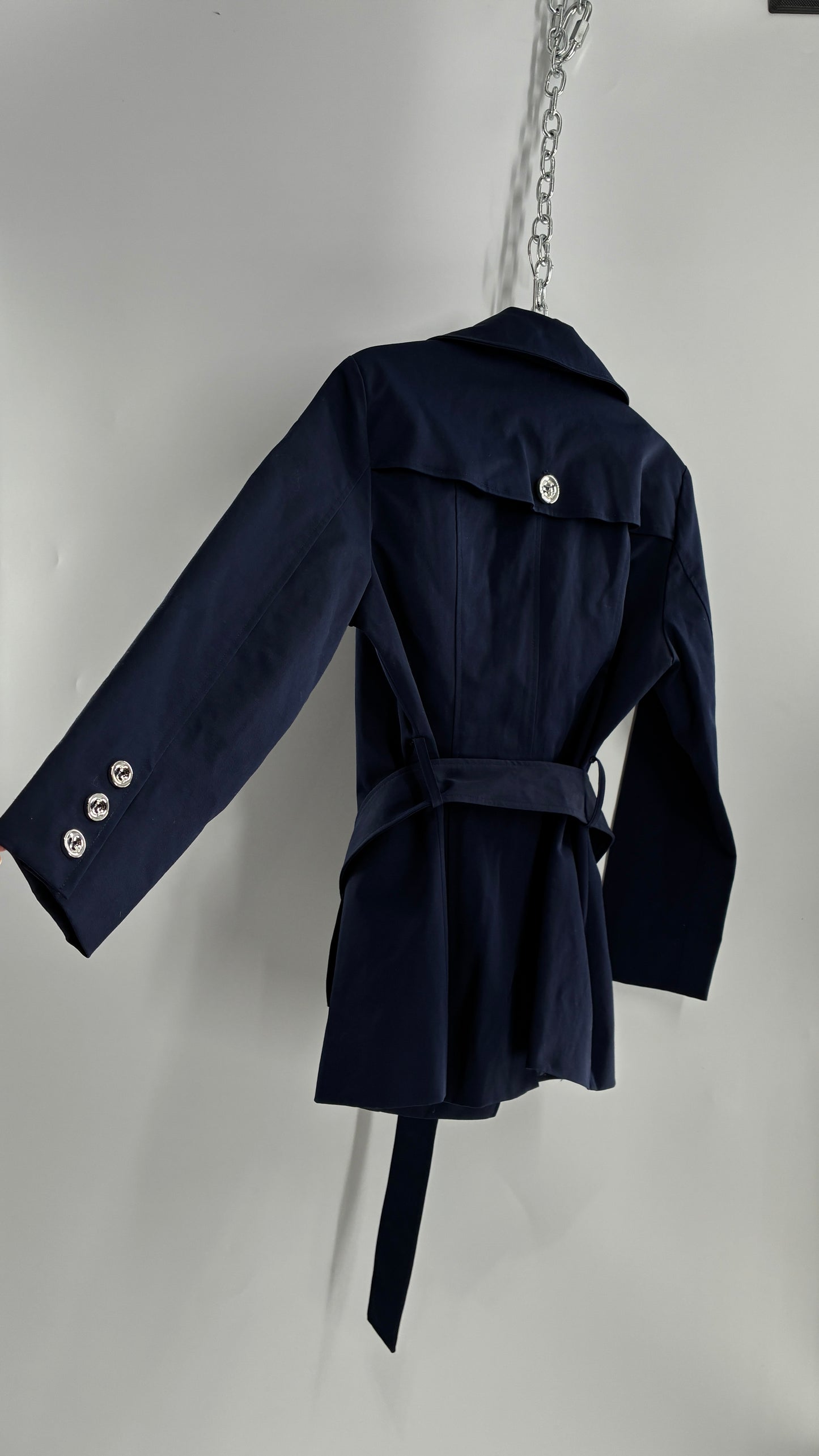 New York & Company Deep Navy Coat with Double Breasted Silver Buttons and Oversized Silver Buckle (Large)