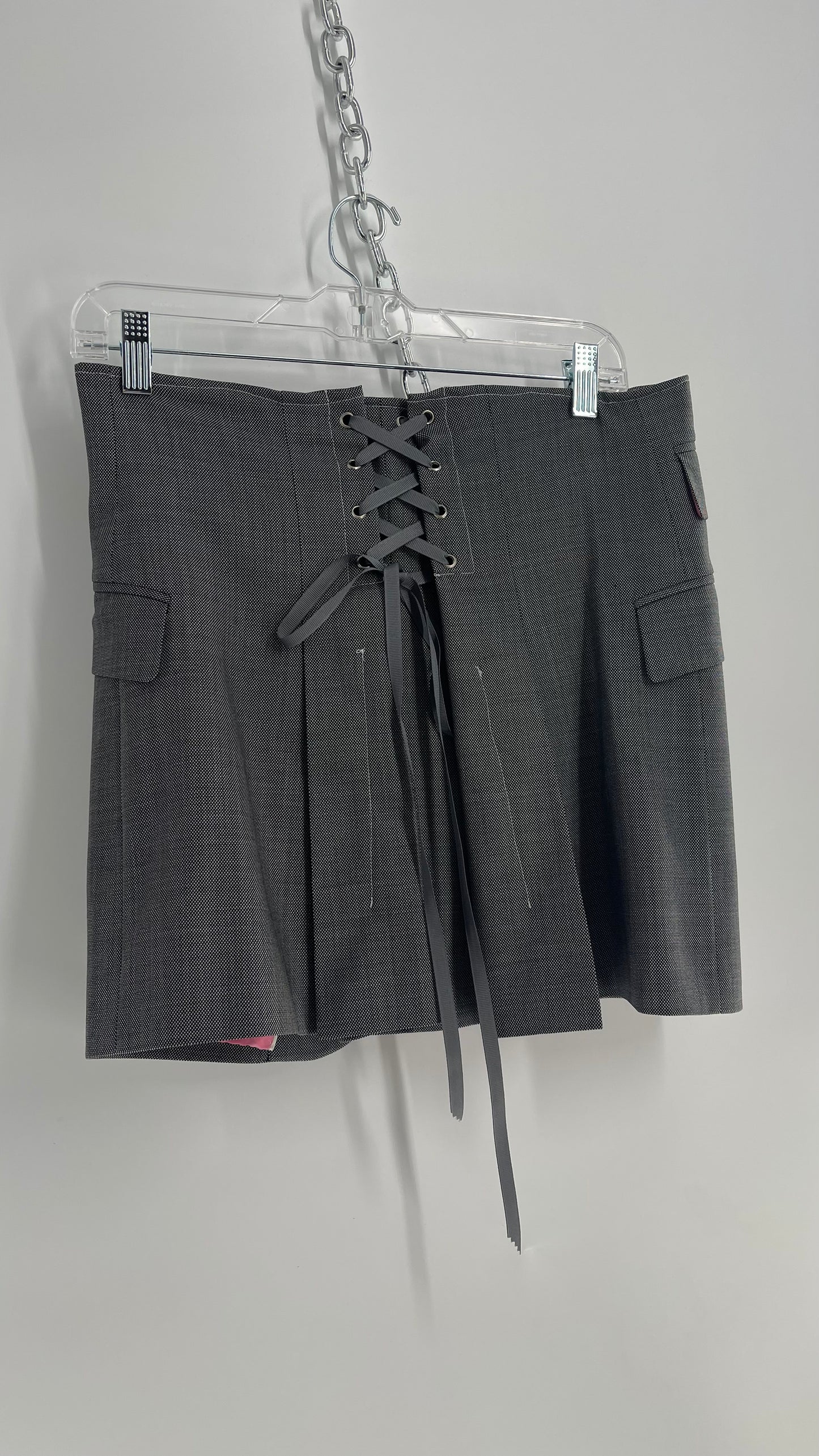 Custom Handmade Gray 2Piece Suit Set with Pink Satin Lining, Cropped Blazer, and Corseted Skirt (S-L)