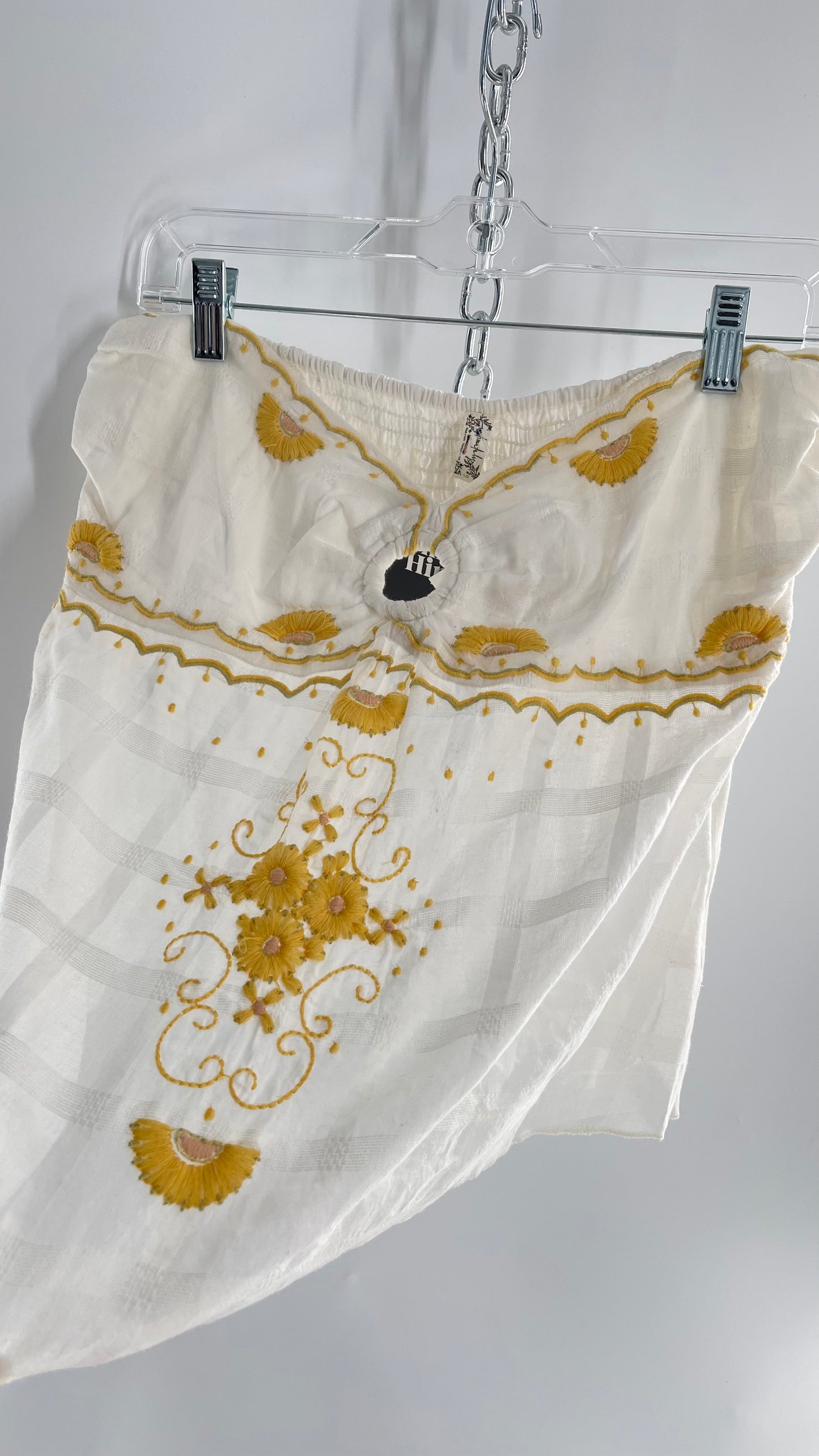 Intimately Free People White Cotton Tube Tank with Yellow Embroidered Detailing (L)