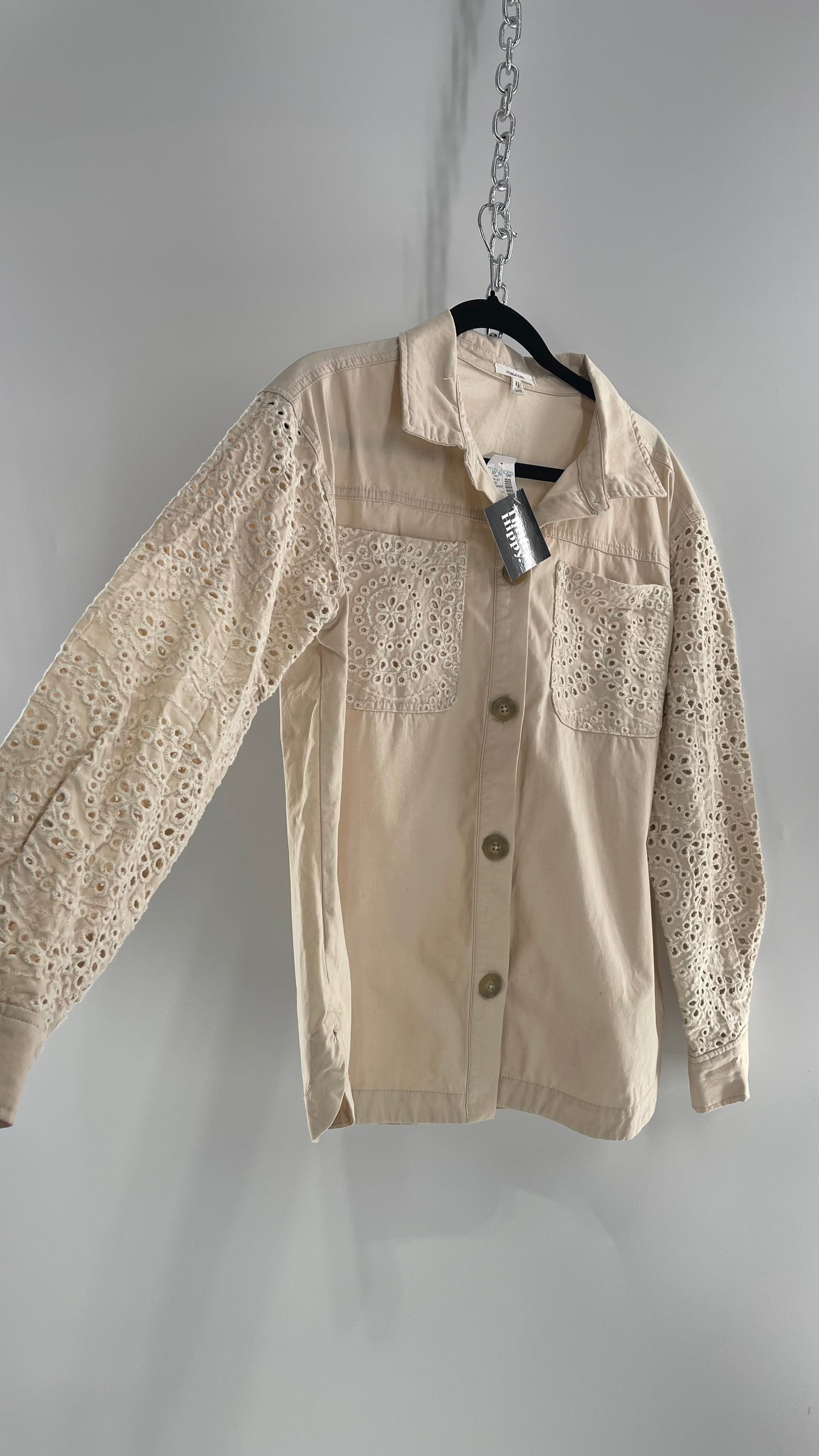 Maurices Anthropologie Beige Cotton Button Up with Eyelet Lace Sleeves and Pockets with Tags Attached (XS)