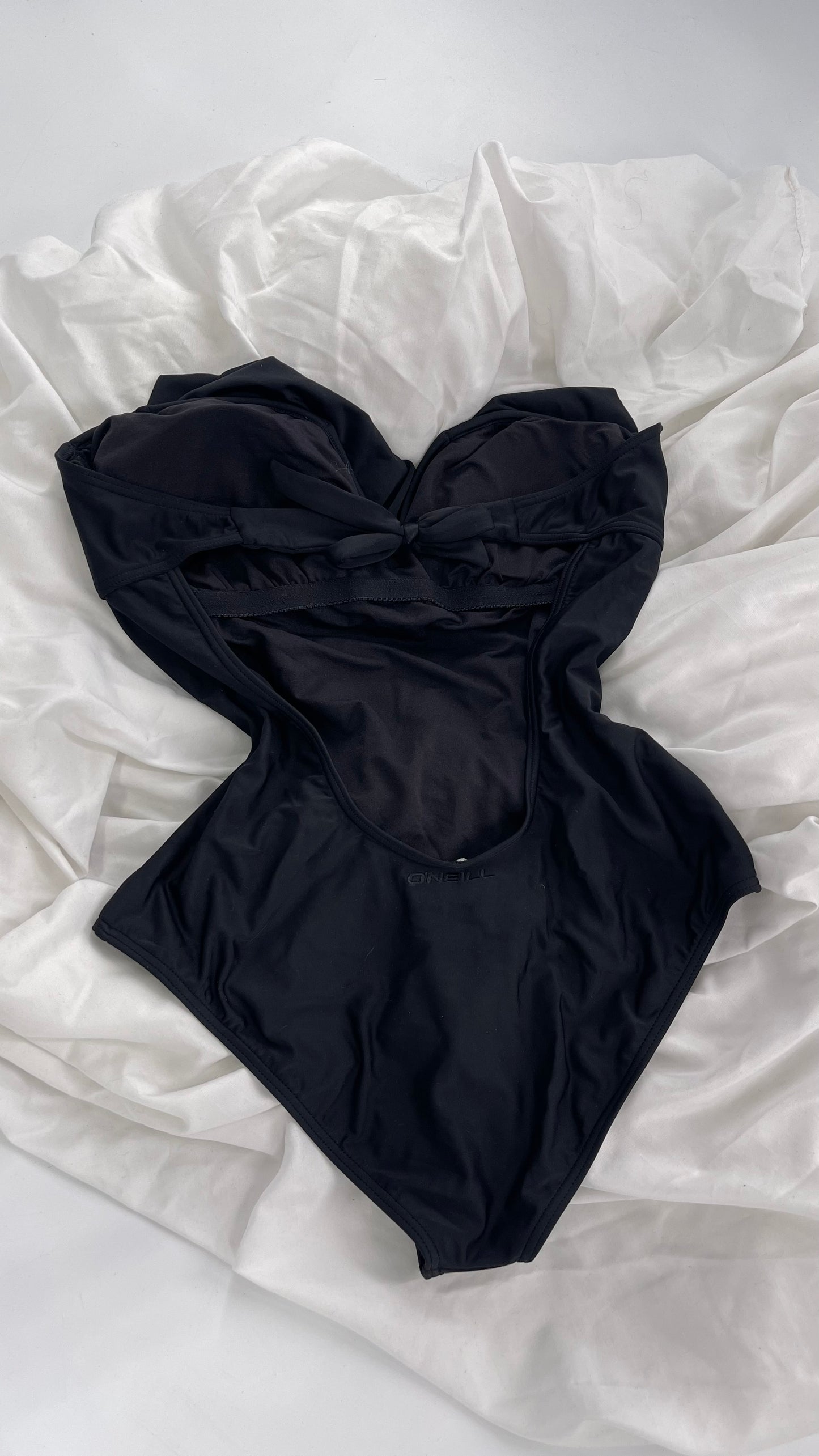 O’Neill Black Swimsuit with Built in Bra with Ruffled Bust, Open Back, Straps and Tags Attached (Large)