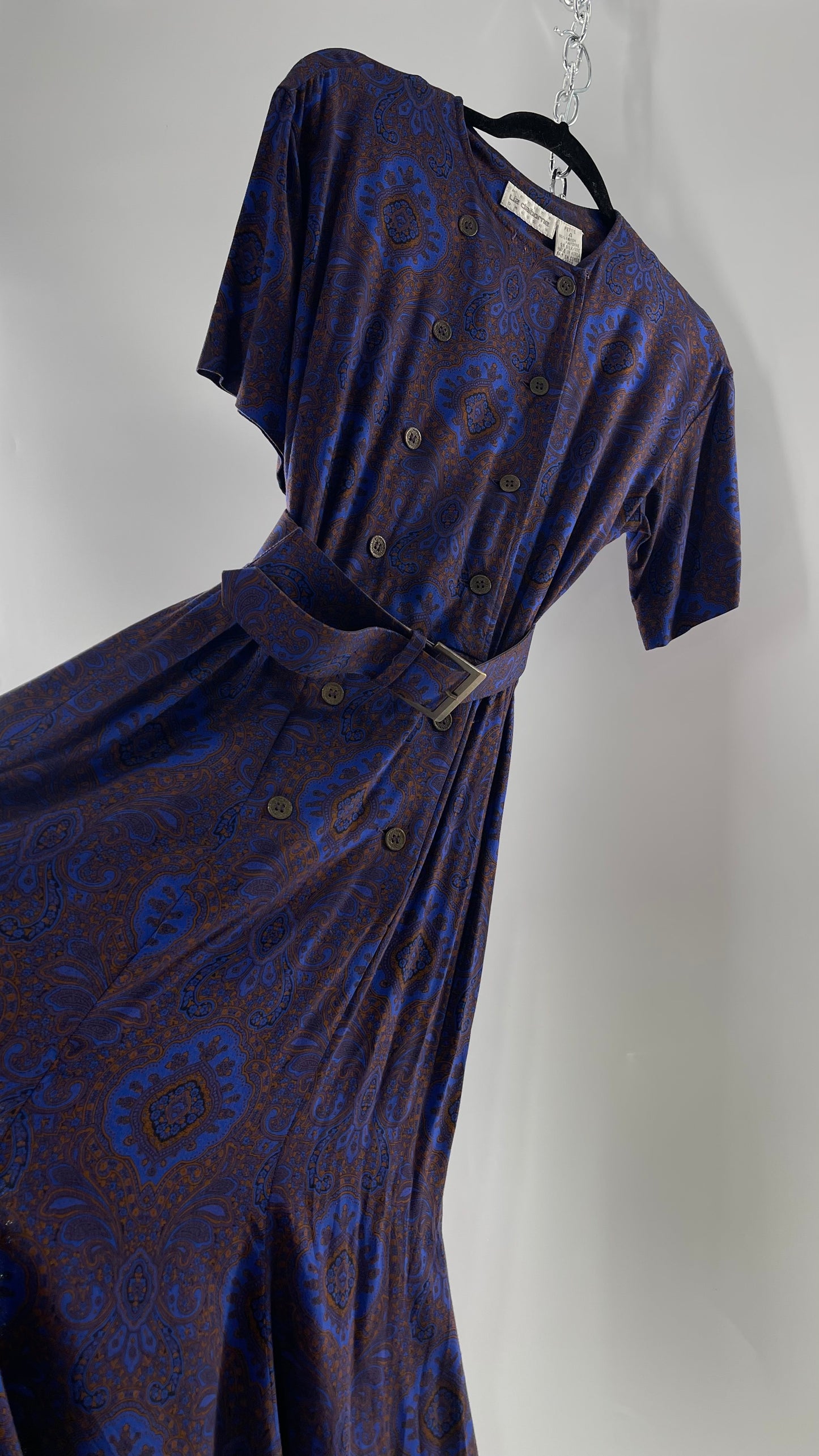 Vintage Liz Claiborne Cobalt Blue and Mustard Paisley Patterned 60s Style Dress(4)