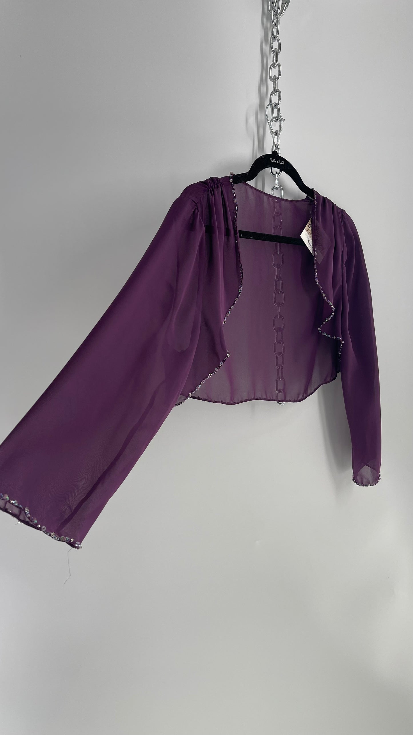 Vintage 1990s Purple Sheer Shrug with Iridescent Beaded Cuffs and Hem (M/L)