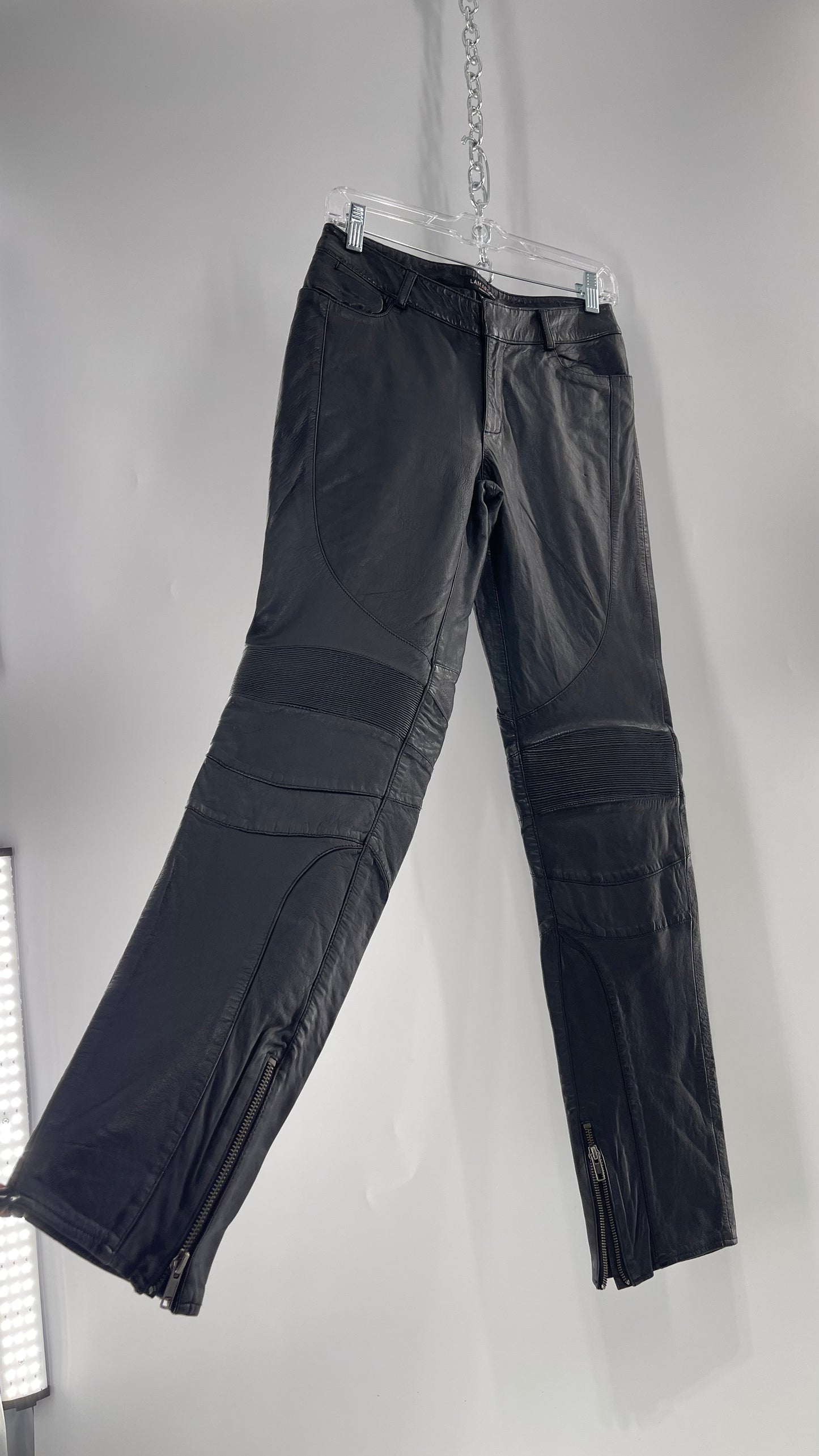 LAMARQUE 1990s Collection Vintage Black Leather Moto Style Pant with Panels, Ribbing and Zipper Details (6)