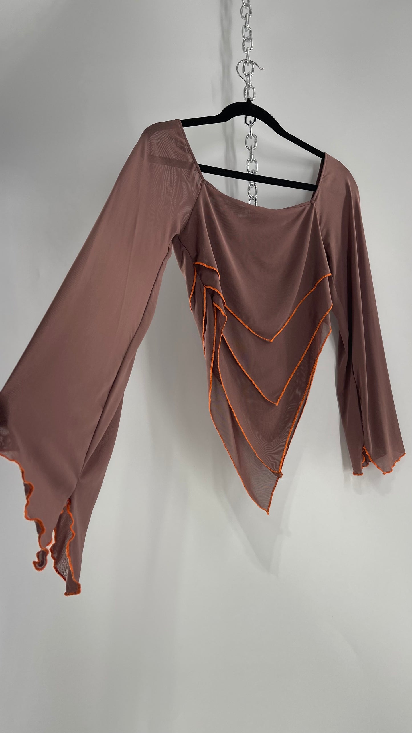 Fashion Nova Brown Mesh Pointed Hem Blouse with Bell Sleeves and Orange Contrast Stitch
