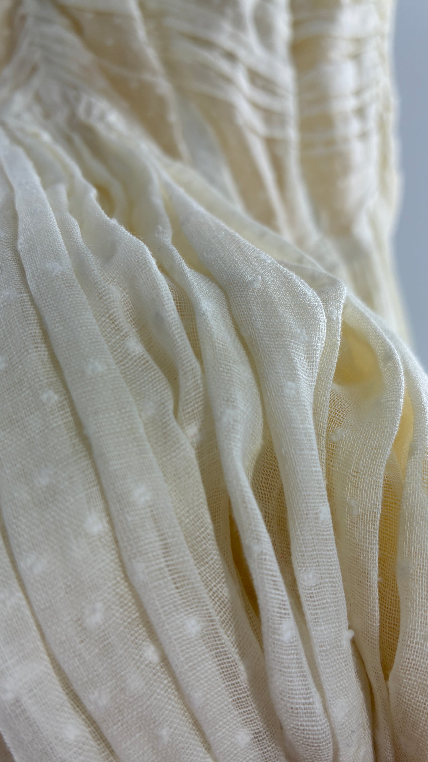 Vintage 1970s Off White Cotton Handmade Maxi Dress with Ruched Bodice, Puff Sleeves, and Polka Dot Texture (XS/S)