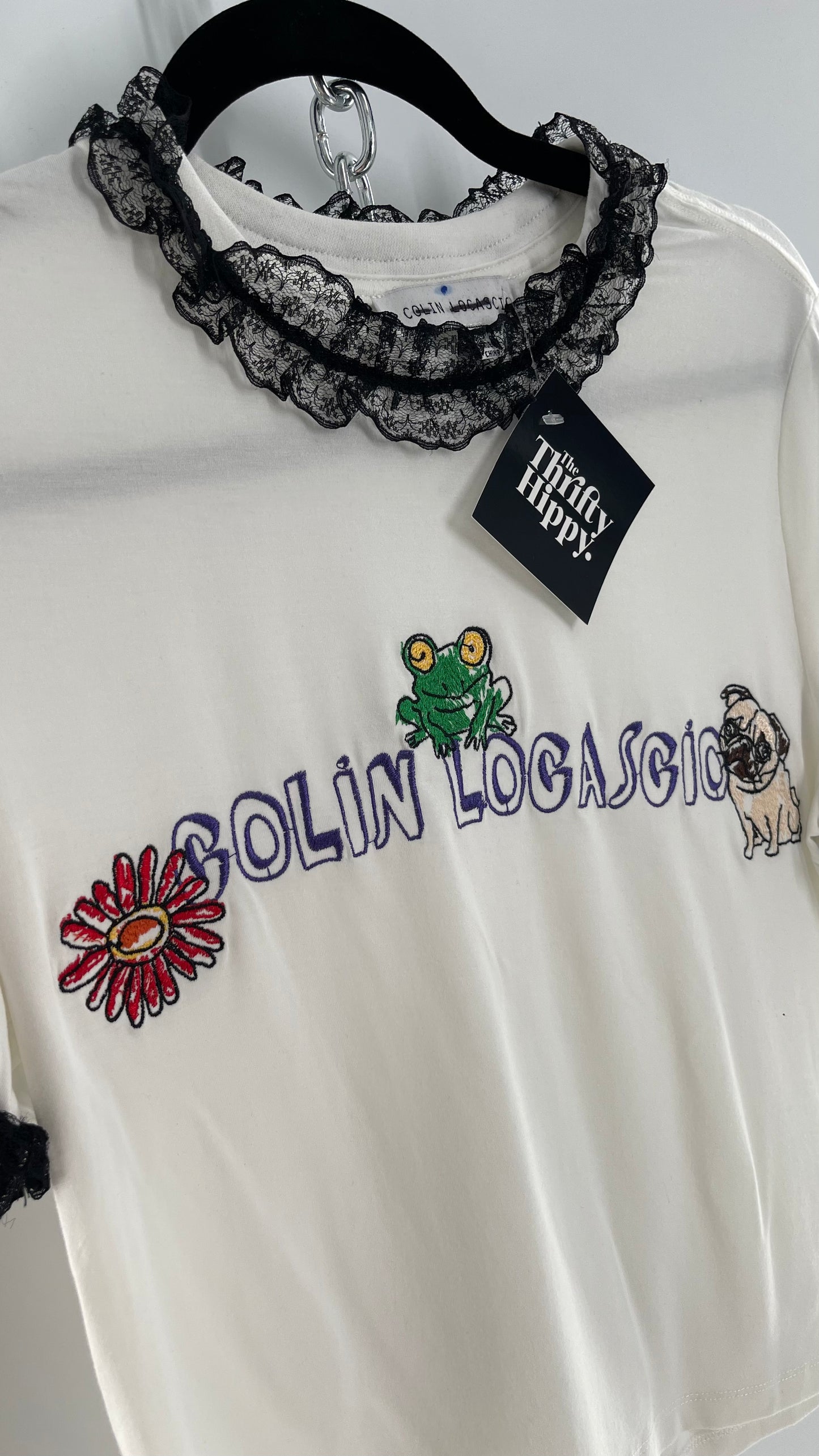 Colin Locascio Tannie T Shirt White Black Lace Ruffle Sleeves Frog Embroidery (Small)