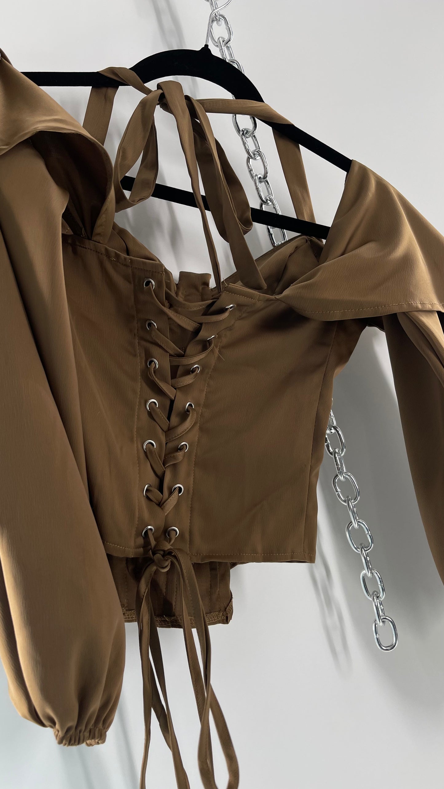 Pretty Little Thing Tan/Gold Corset Blouse with Draped Shoulders, Balloon Sleeves, Halter Strap and Lace Up Back (4)