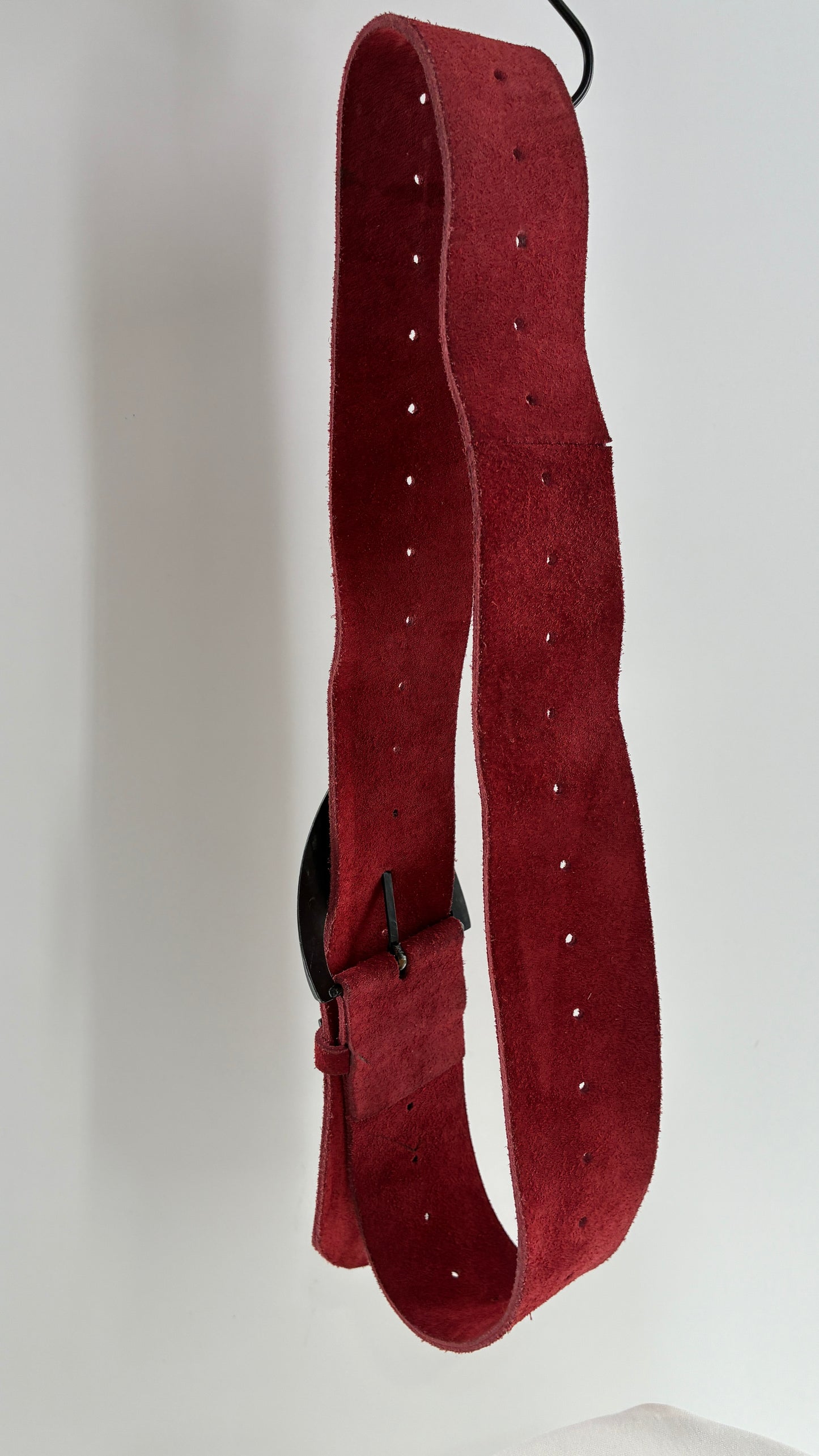 Genuine Suede Leather Maroon Red Belt w Oversized Engraved Buckle