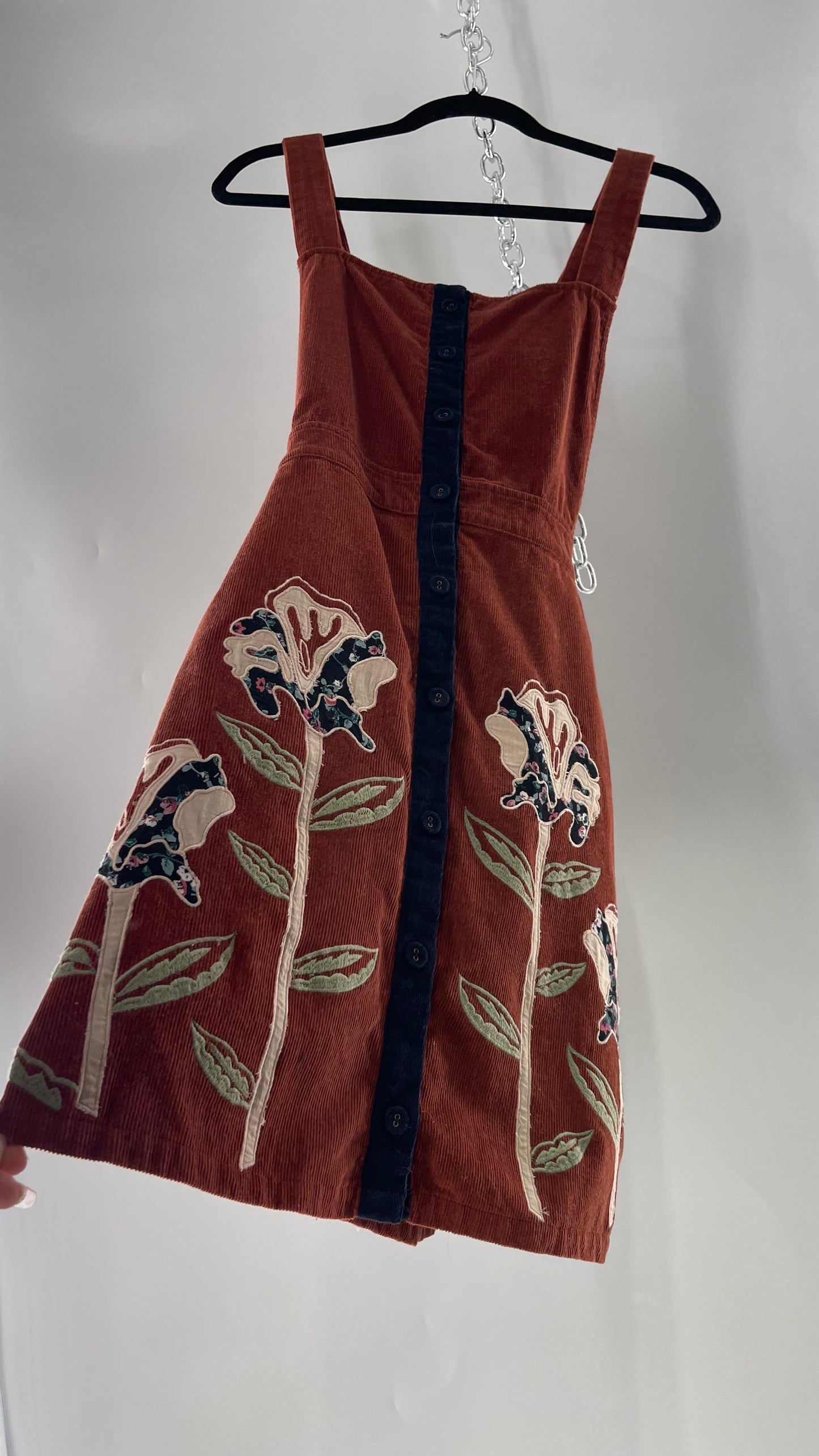 Seen. Worn. Kept. Anthropologie Terracotta Burnt Orange Corduroy Overall Dress with Embroidered Flower Details (S)
