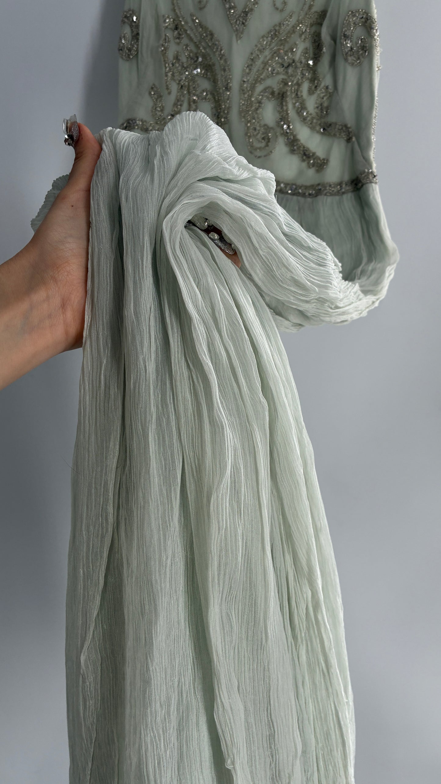 KIMCHI BLUE Light Greyish Seafoam Green Crimped Gown with Beaded Bodice and Sheer Back (2)