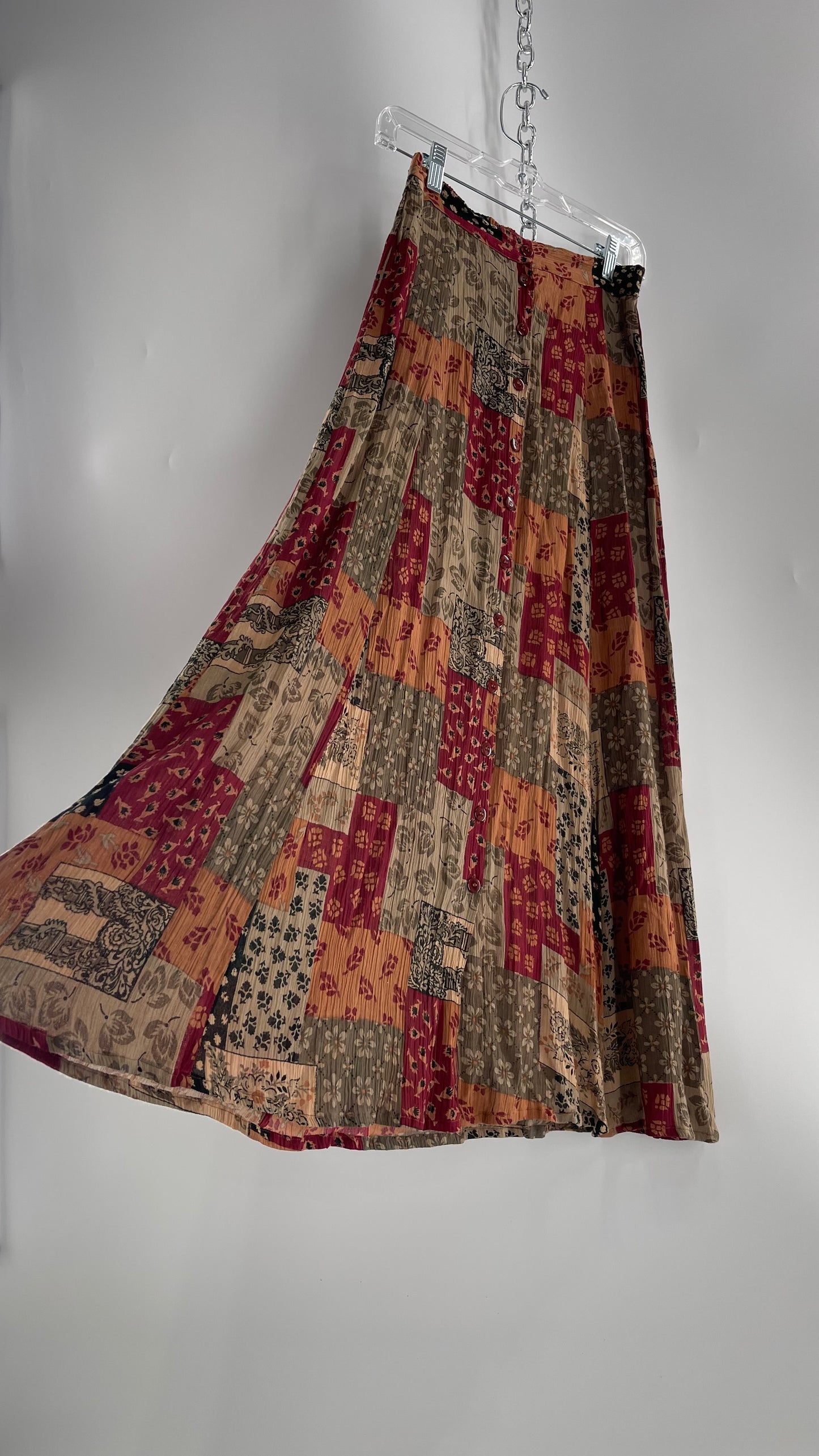Vintage Indian Import REVUE 100% Rayon Patchwork Button Front Skirt (Small)