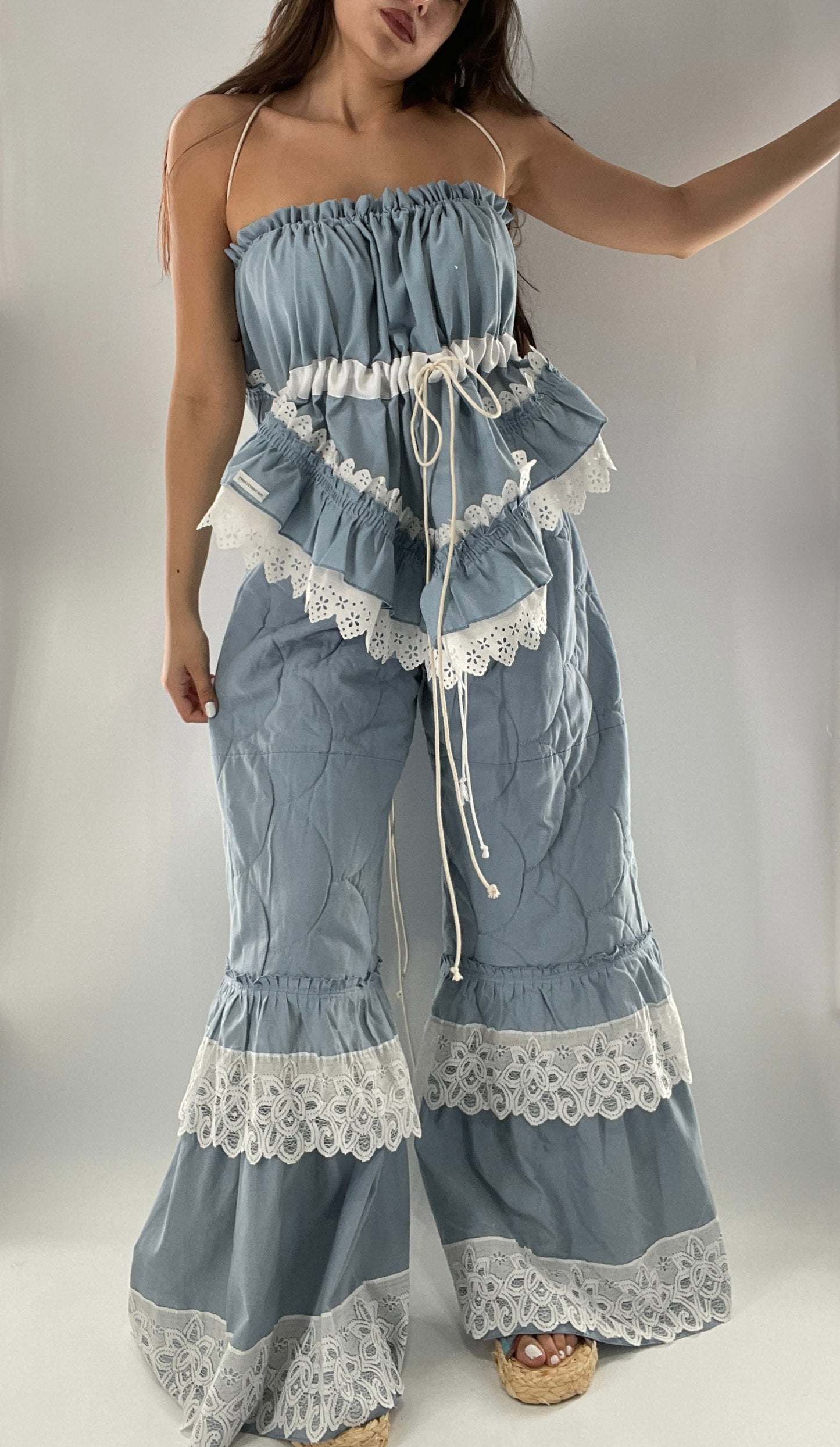 Vintage 2 Piece Powder Blue Set Featuring 2Way Blouse and Quilted Trousers Covered in Ruffles, Lace and Trim (One Size)