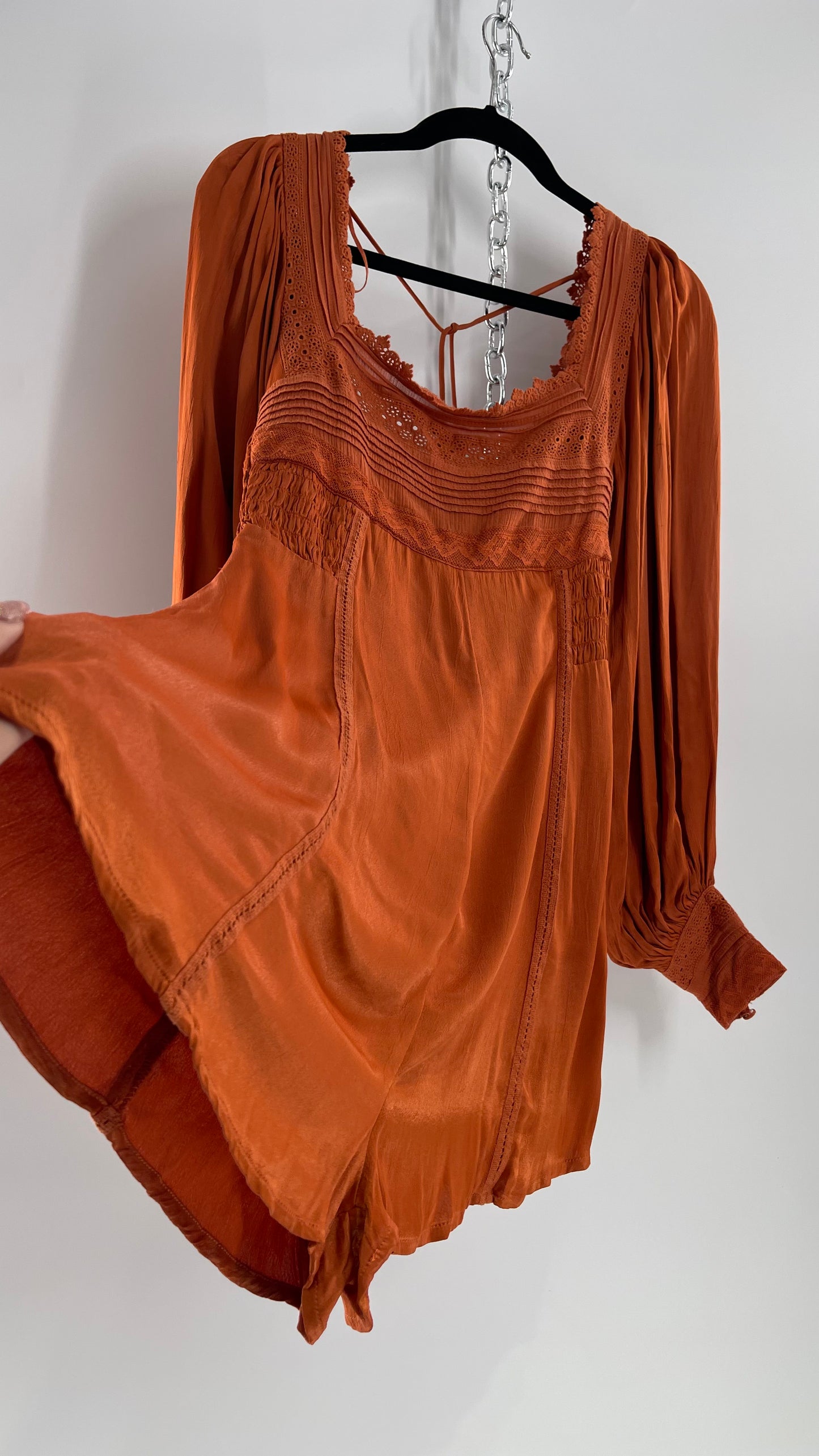 Free People Silky Orange Romper with Buttoned Sleeve Cuffs, Balloon Sleeves and Pleated Lace Bust (2)