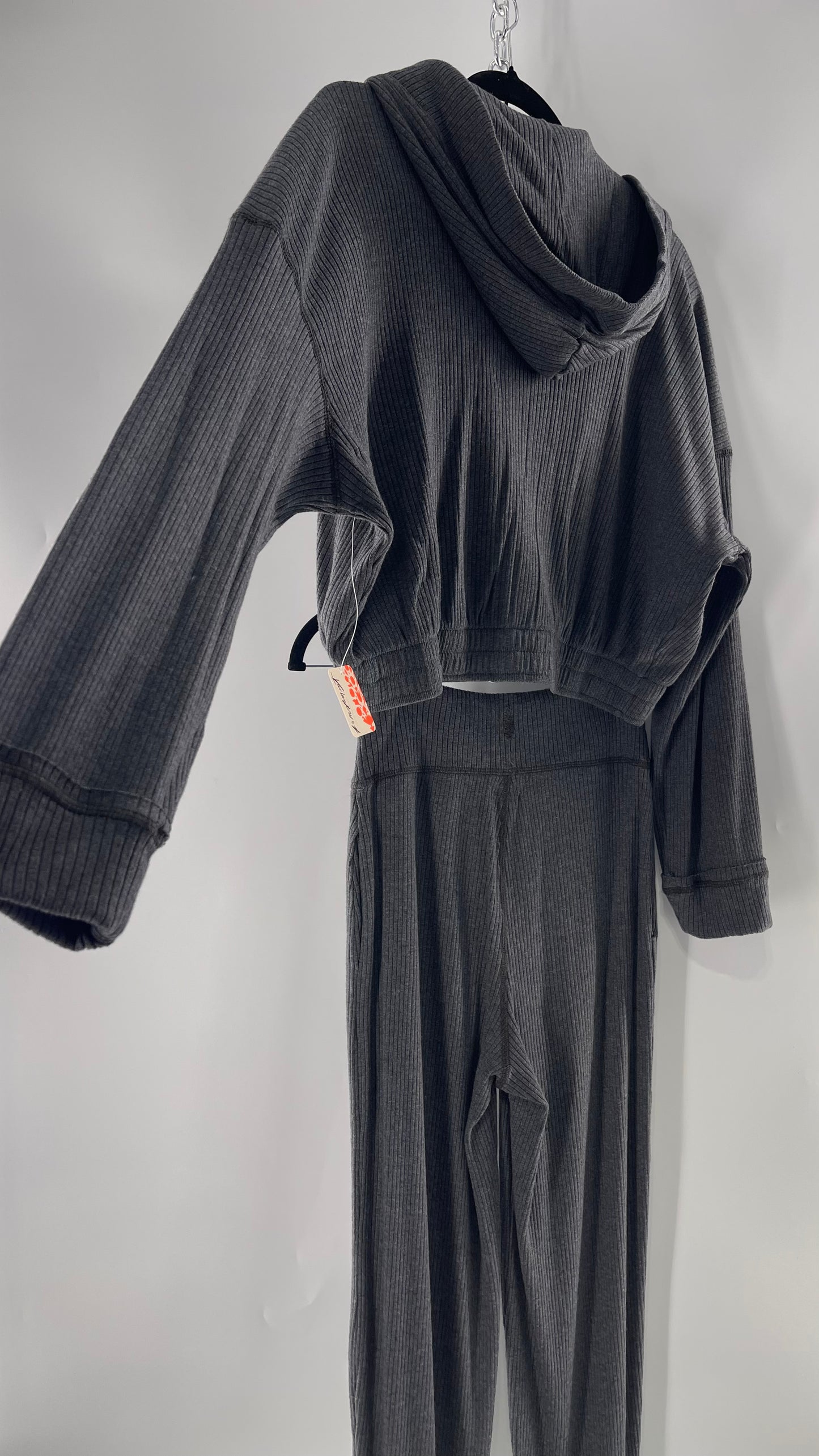 Free People Charcoal Slate Gray 2 Piece Set with Cropped Hoodie and Jogger Sweats with Tags Attached (XS)